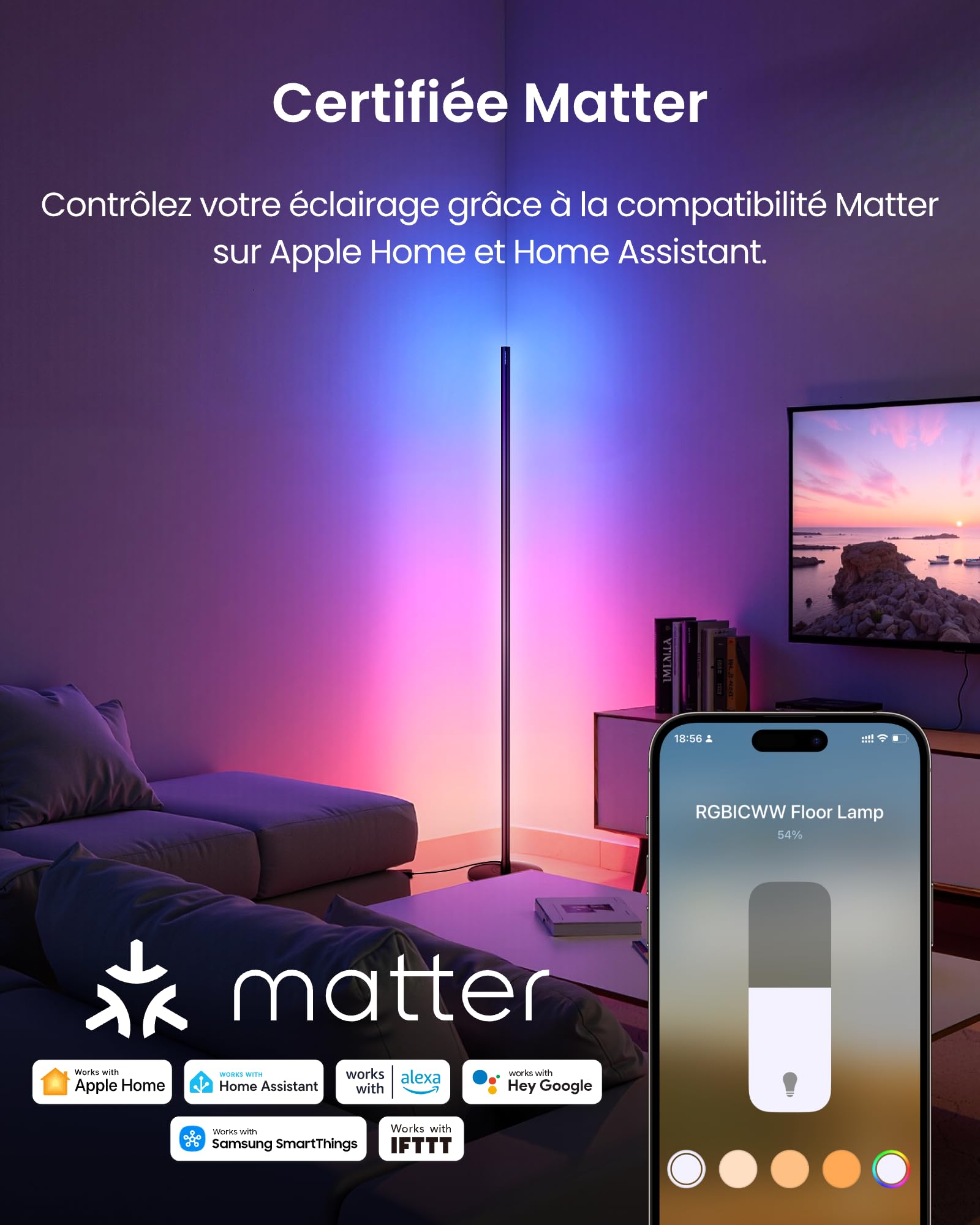 SwitchBot Matter RGBICWW Lampadaire sur Pied, Blanc Chaud et Froid, Lampe sur Pied Compatible avec Apple Home, Alexa, Google Home, 1200lm, 16 Millions Couleurs, Synchronisation Musicale, Modes Scène