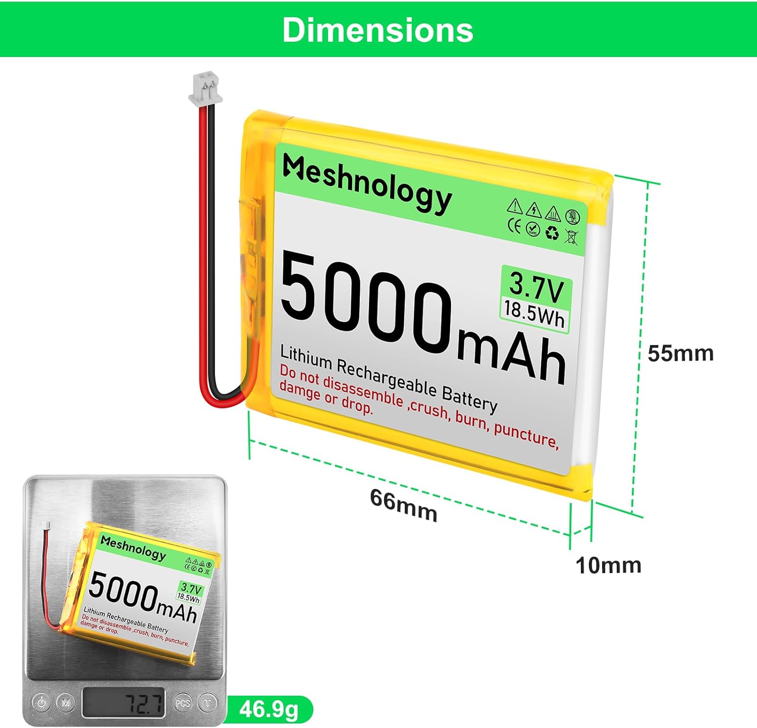 3.7V 5000mAh LiPo Battery Rechargeable 1S 955565 Lithium Polymer Battery with Protection Board Insulated Rubber Tape, Micro JST 1.25 Plug for Arduino LoRa ESP32 Development Board (2 Pack)