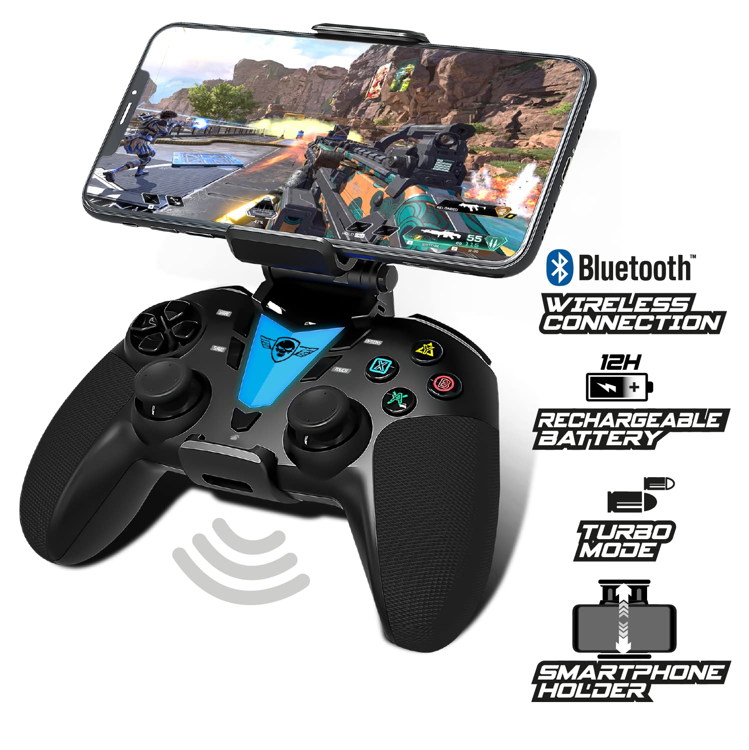 Controller per Telefono Android Bluetooth con Tasto Programmabile + Supporto Smartphone | Compatibile con Iphone, Apple TV, IOS, Android, PS4, PS3 e PC | Gioca a Fortnite, Call of Duty su Cellulare