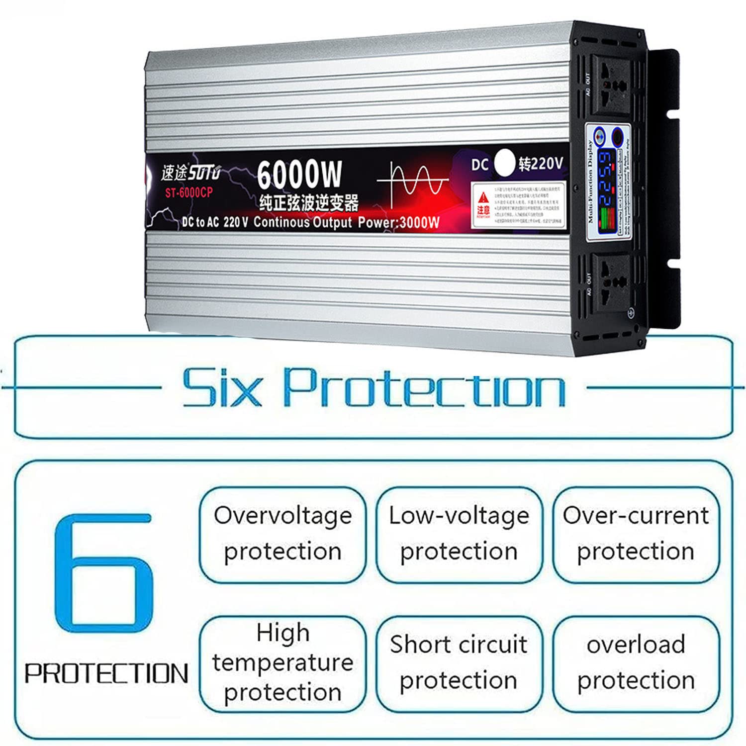6000 W 8000 W nowy falownik sinusoidalny DC 12 V/24 V na AC 110 V/220 V 230 V przetwornica o wysokiej wydajności z 2 gniazdami AC i wyświetlaczem LCD do kampera, ciężarówki, łodzi, kempingu,