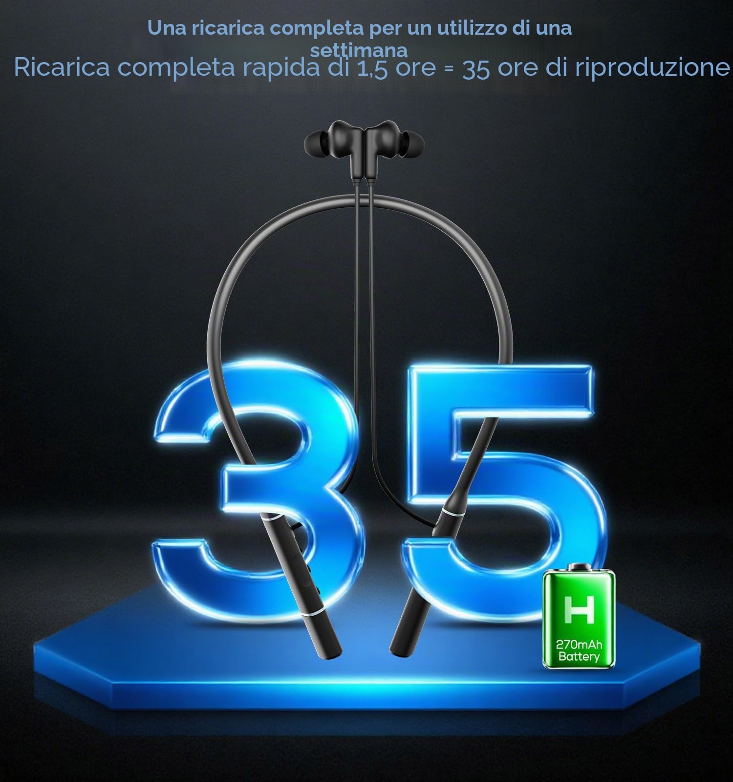 Hmusic A3 Cuffie Bluetooth con Archetto da Collo - OTG-USB Ricarica, Nero | 35 ore di autonomia, isolamento acustico, auricolari in-ear per lavoro, sport, corsa, palestra