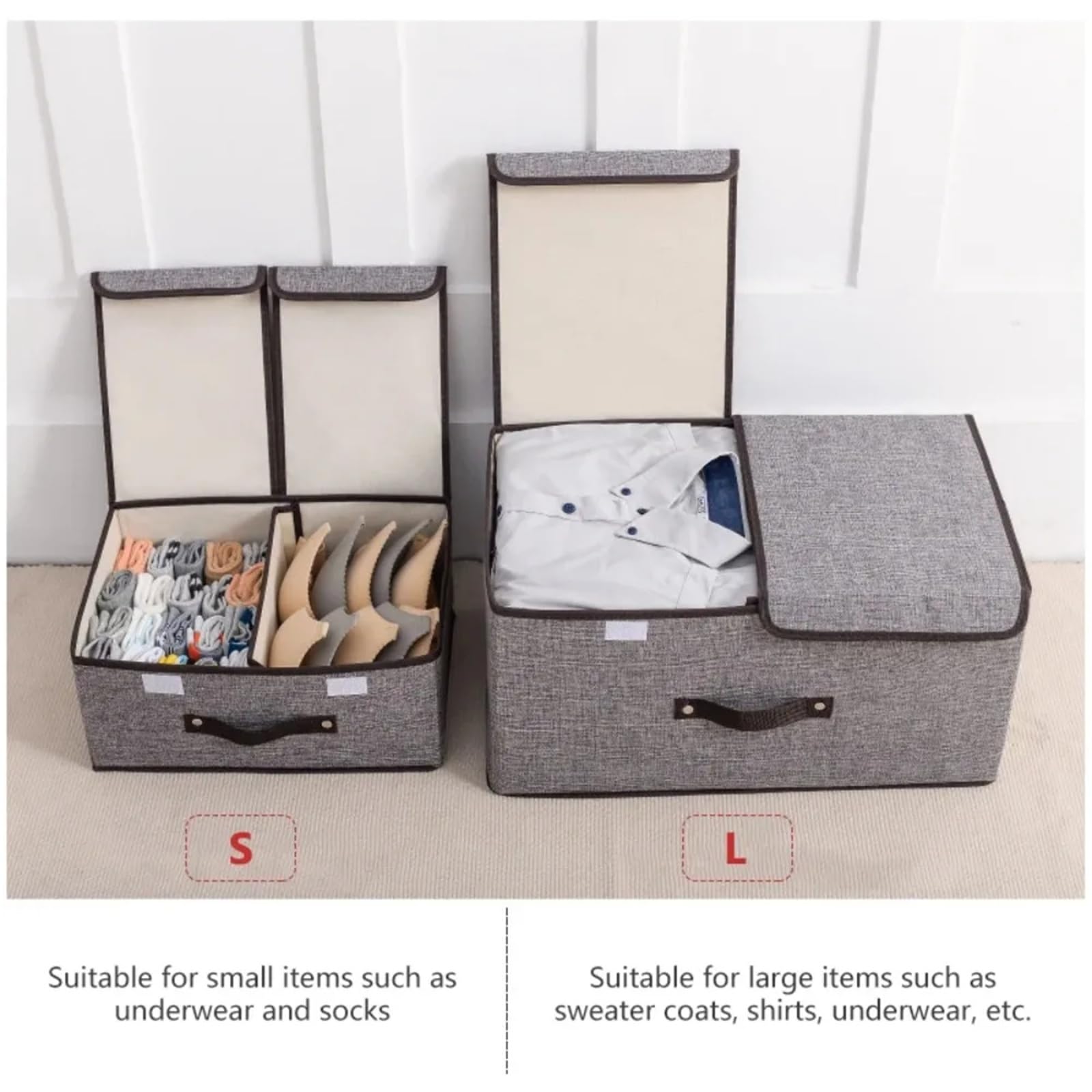 Organizador Calcetines Caja de almacenamiento plegable con tapa, suministros for el hogar a prueba de polvo, ropa interior, organizador(Beige L)