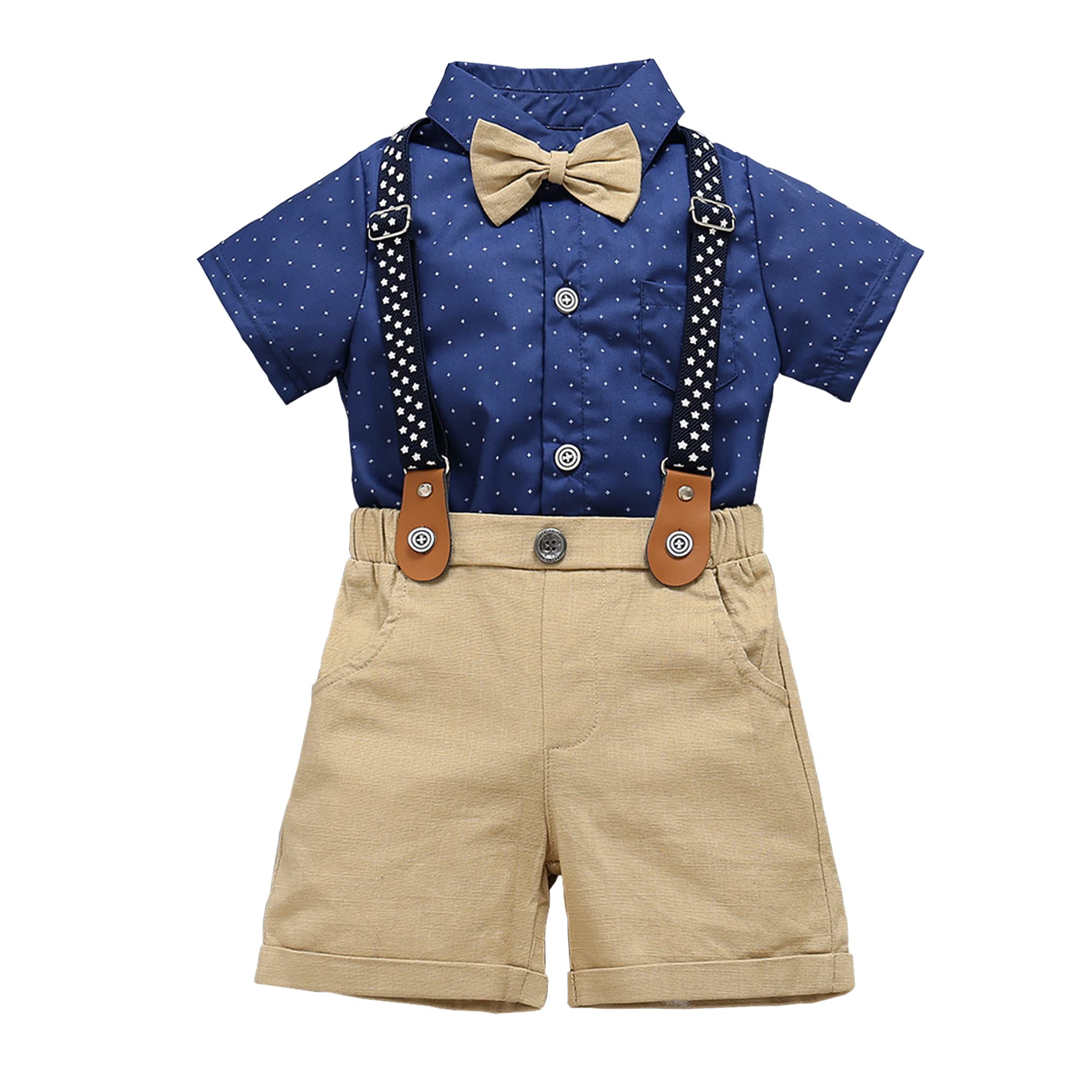 Baby Toddler Boy Formal Gentleman Suits,Dress Short Shirt With Bowtie+Suspender Pants Dressy Outfit