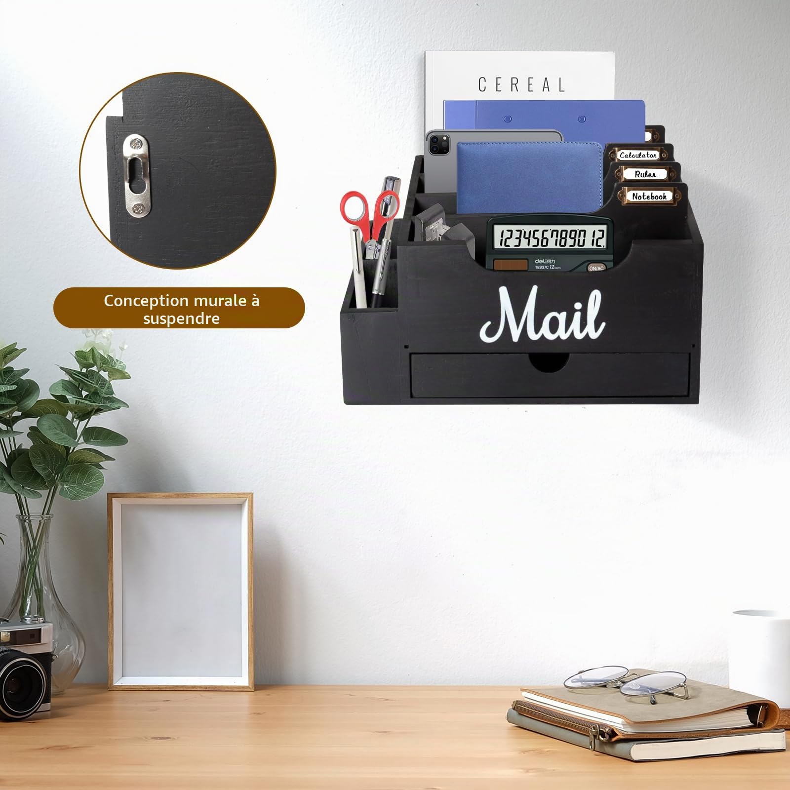 Organiseur de Courrier de Bureau en Bois et Tiroir, Noir