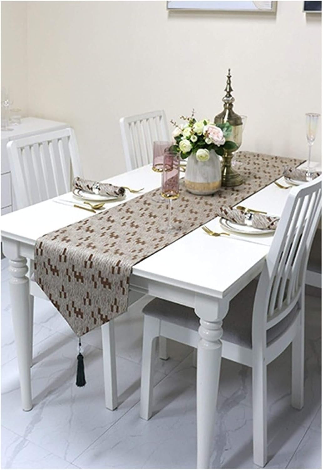 Valentine Table Runner,35x183CM,Geometric Pattern with Tassel Table Runner Decorative Cotton,Table Runner Modern Chocolate