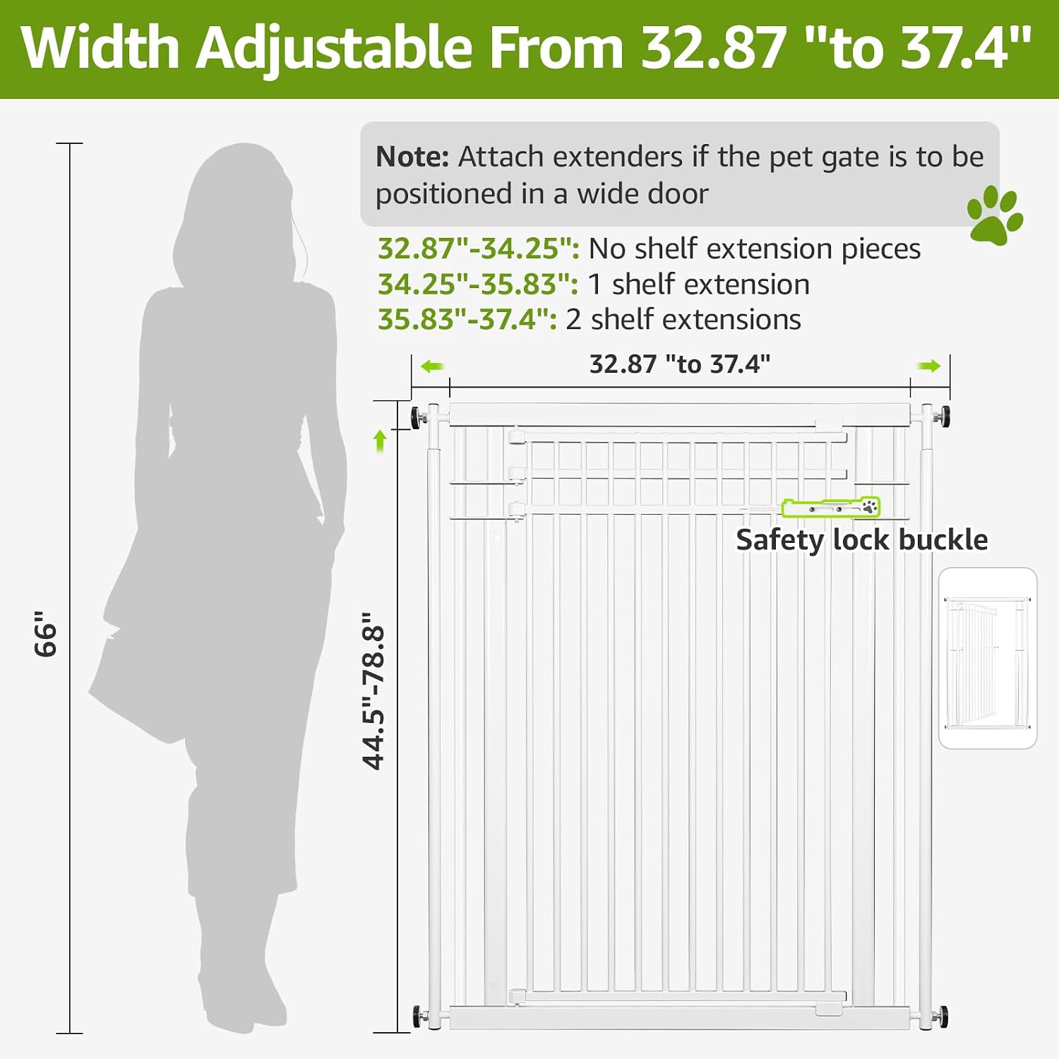 78.8" Extra Tall Cat Gate, 32.8-37.4" Wide Tall Dog Gate for Doorways/Hallways, NO Drilling Pressure Mounted Pet Gate for Stairs, Studio, Kitchen (White)
