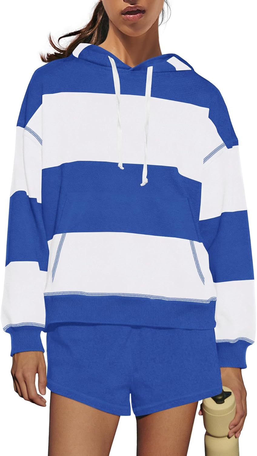 Panadila Womens Striped Workout Set Sweatsuits 2 Piece Outfits Oversized Matching Lounge Set Hoodies and Shorts Set - Image 3