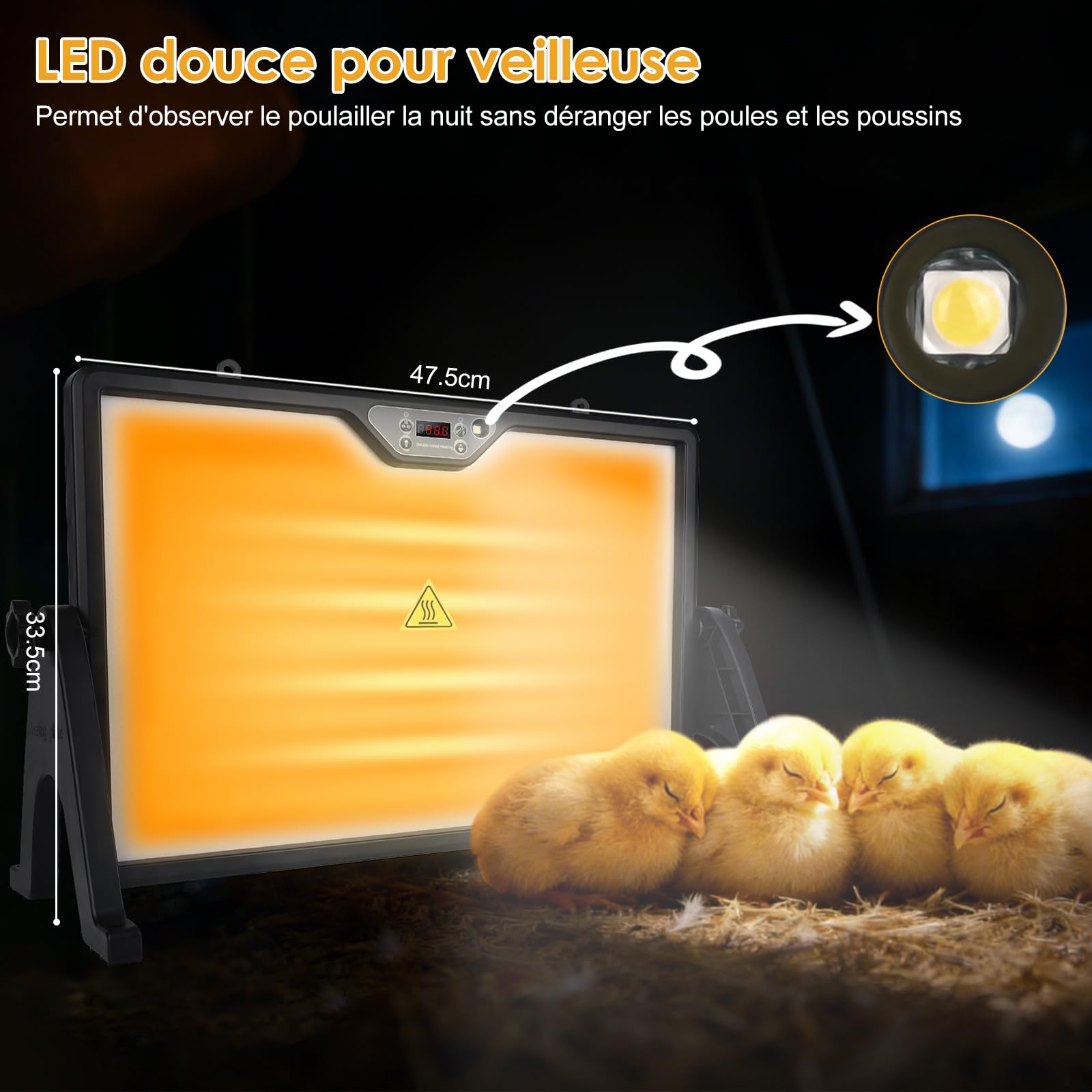 Plaque Chauffante Poussin,180W Lampe Chauffante Poussin,30-75 °C,Plaque Chauffante pour Poussins avec Télécommode,Minuteur,Chauffage pour Poulailler avec Eclairage
