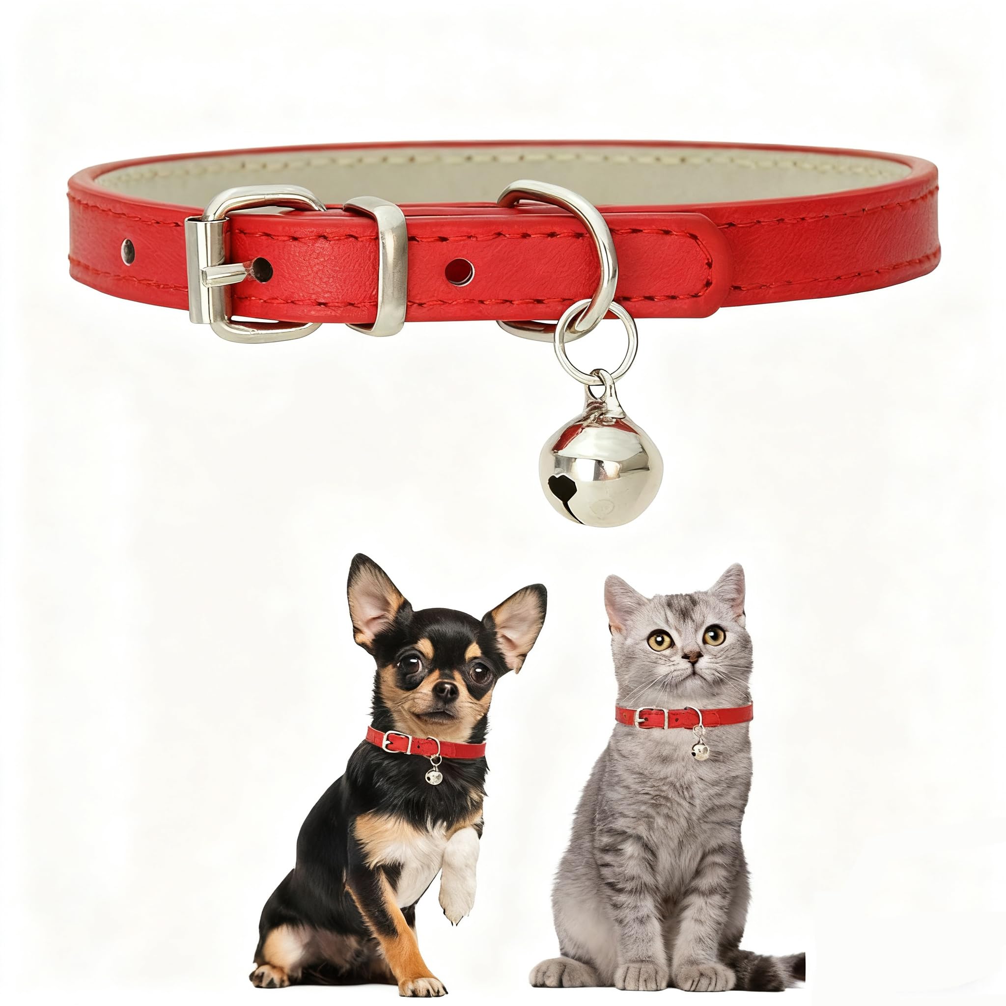 Red Xs Puppy Collar with Bell,Cat Collar with Bell,Soft Pu Leather Small Dog Collar Adjustable Buckle for XXS Extra Small Medium Pets Chihuahua