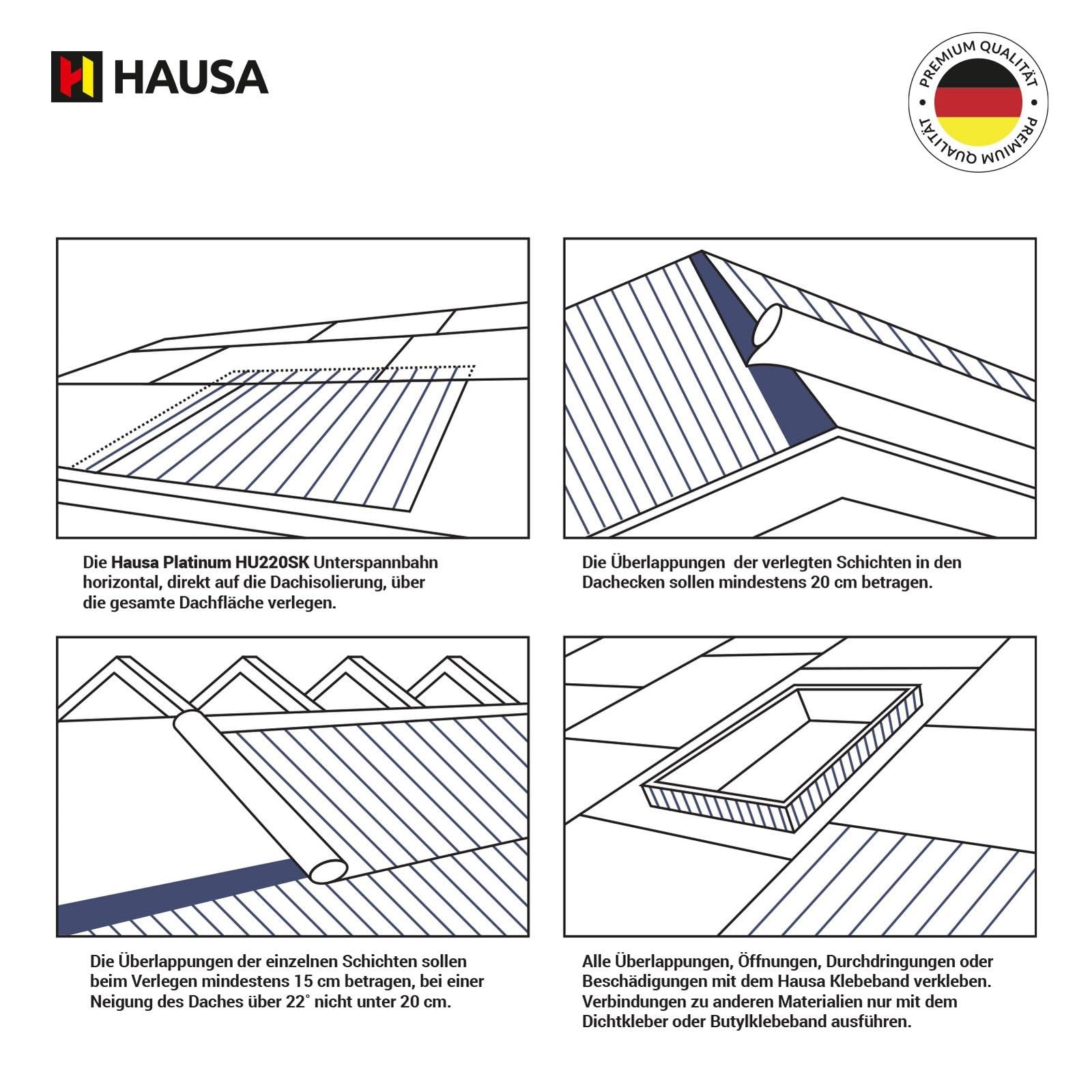HAUSA Pannello sottostruttura Platinum HU220SK, 220 g/m², 75 m² (1,5 mx50 m), pellicola per tetti Platinum HU220SK, con 2 strisce adesive ad alta diffusione, impermeabile, resistente agli urti