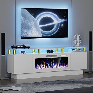 VITESSE 70" Fireplace TV Stand with 36" Electric Fireplace for TVs Up to 80 inch, Luxury LED Light Entertainment Center with High Gloss Cabinet for Living Room White with Gold Columns