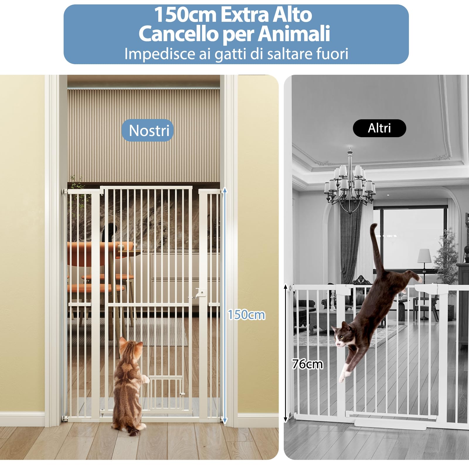COSTWAY Porta per Animali Domestici Extra Alta, Cancello per Gatti in Metallo Pesante con Apertura da 77-104 cm, 2 Kit di Estensione, Porta Facilmente Percorribile (77-104 cm x 150 cm)