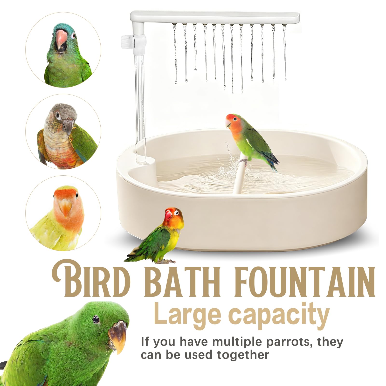 Parrot Vogelbadewanne mit automatischer Dusche, große Vogel-Duschfontäne für den Innenbereich mit fließendem Wasser, inklusive USB-Anschluss und Pumpe, für Ziervögel, Conures, Wellensittiche (Weiß)