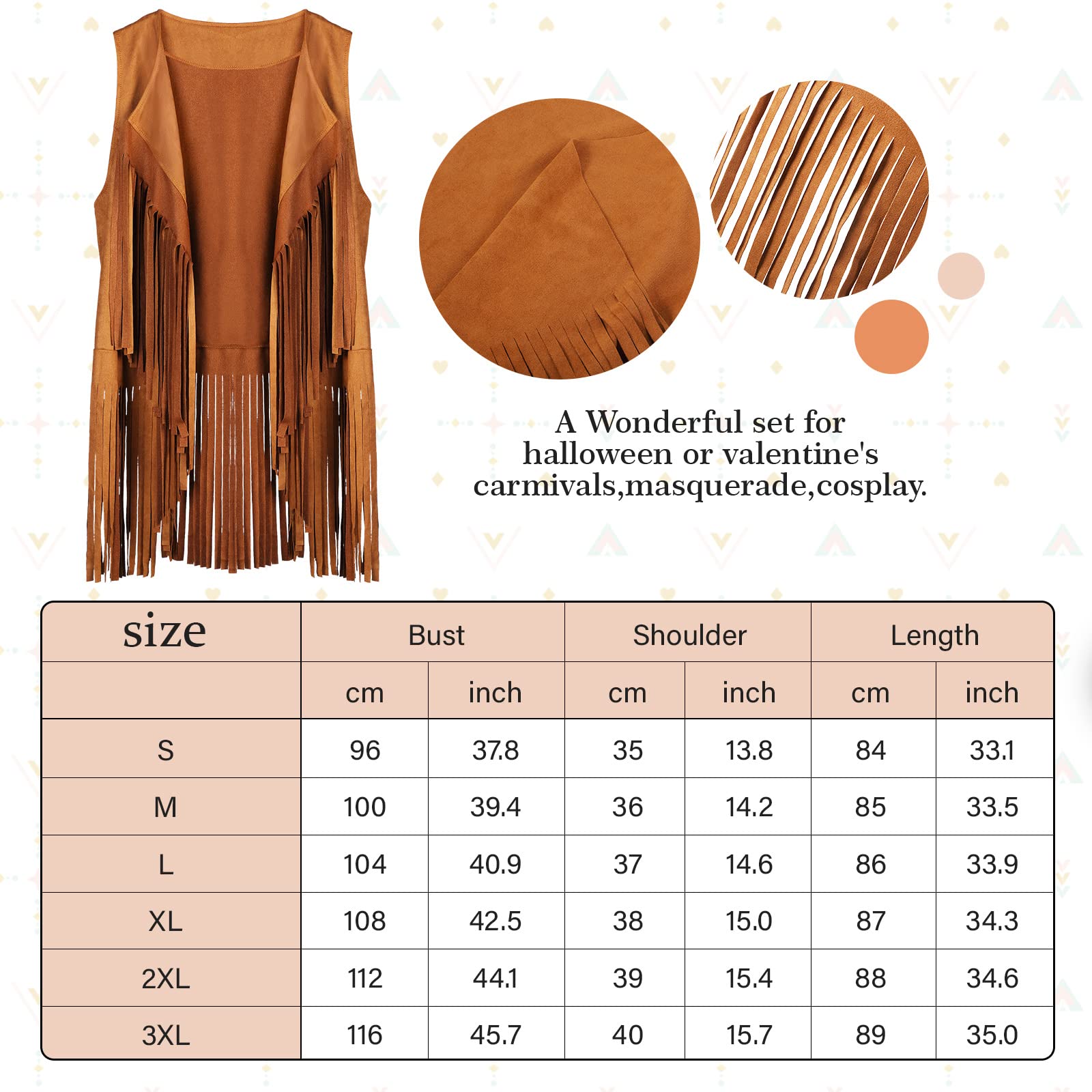 4 Pcs Halloween Carnival 60s 70s Women Hippie Costume Set Fringe Vest with Sunflower Hairband Peace Necklace Glasses(XXX-Large)