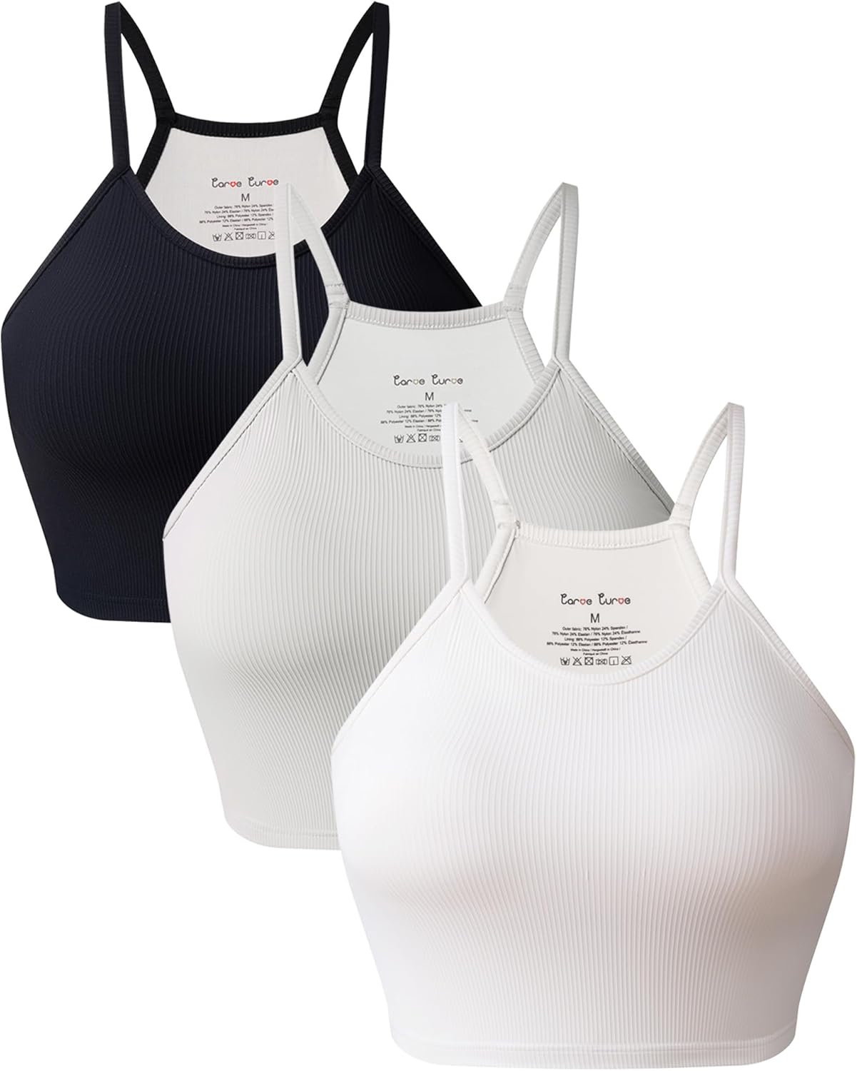 Carve Curve 3 Pack White Tank Top for Women Spaghetti Strap Womens Tank Tops with Built in Bras Crop Tops Women Built in Bra