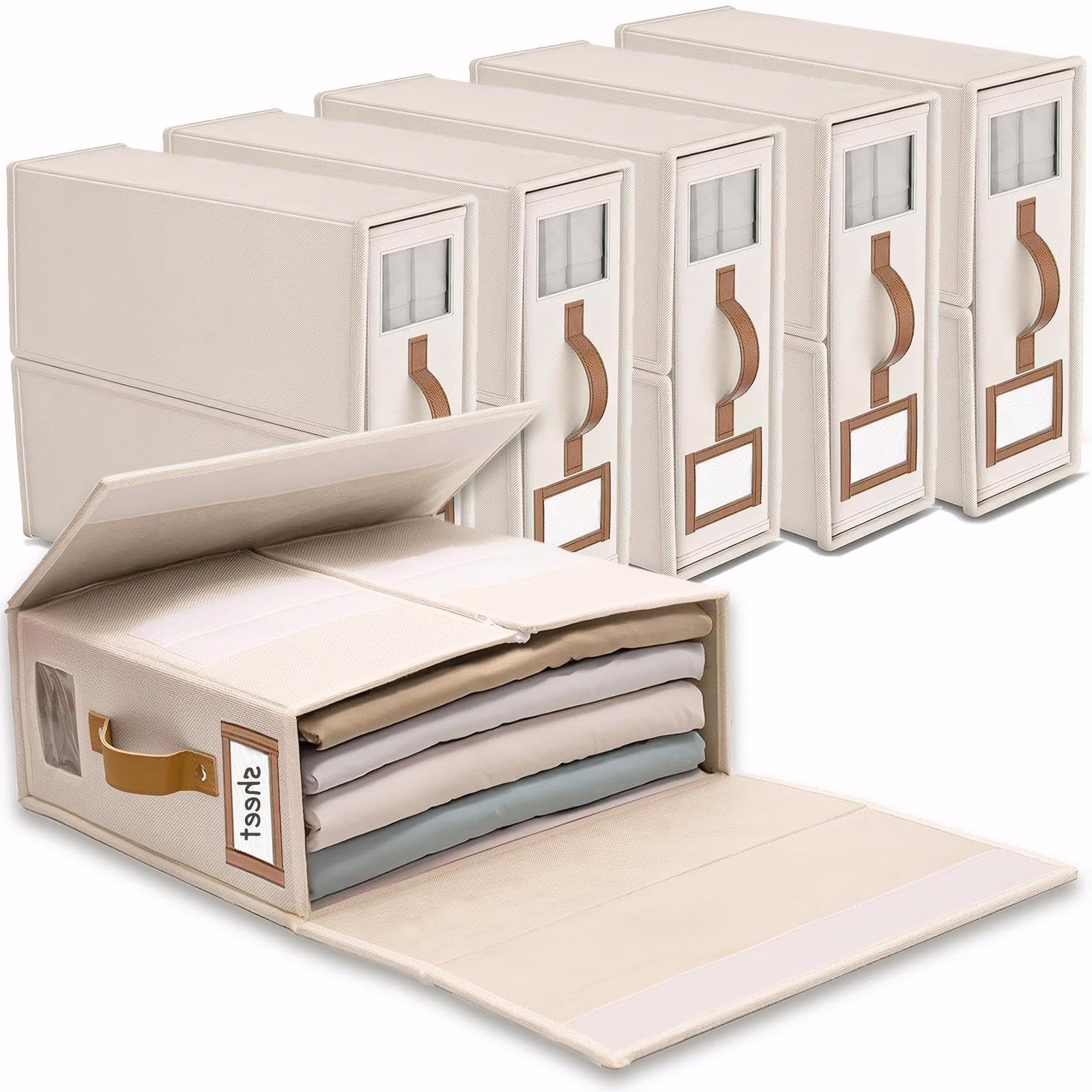 linge boite rangement drap de lit, 6 organisateur drap pliable vec fenêtre transparente & étiquette pour draps couvertures, housses, serviettes, Lin Beige