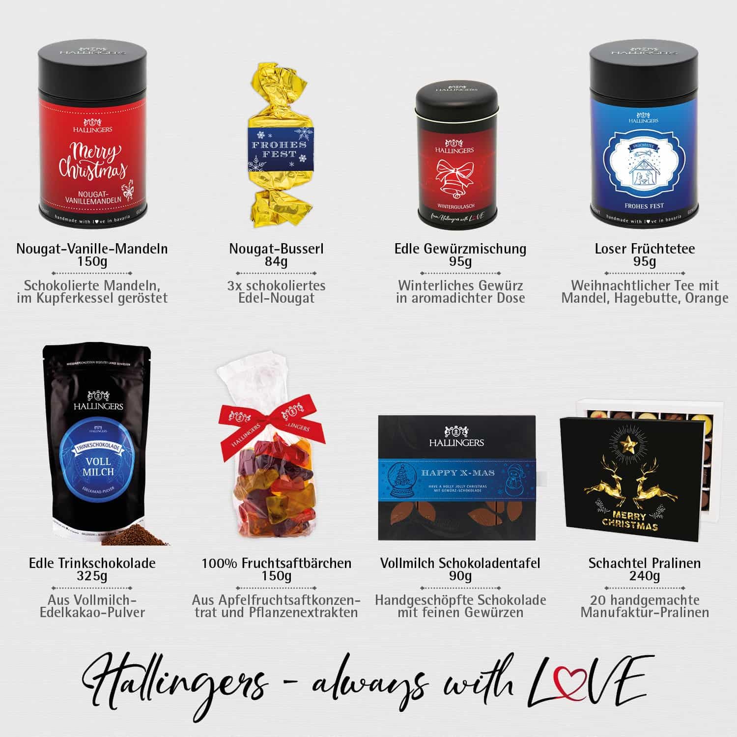 Hallingers Genuss Manufaktur Feinkost Weihnachts-Geschenk-Set - XXL-Geschenkkorb "Merry Christmas" große Selektion Pralinen, Lebkuchen, Gewürz, Nougat, Badezusatz & mehr, Weihnachten für Frauen Männer