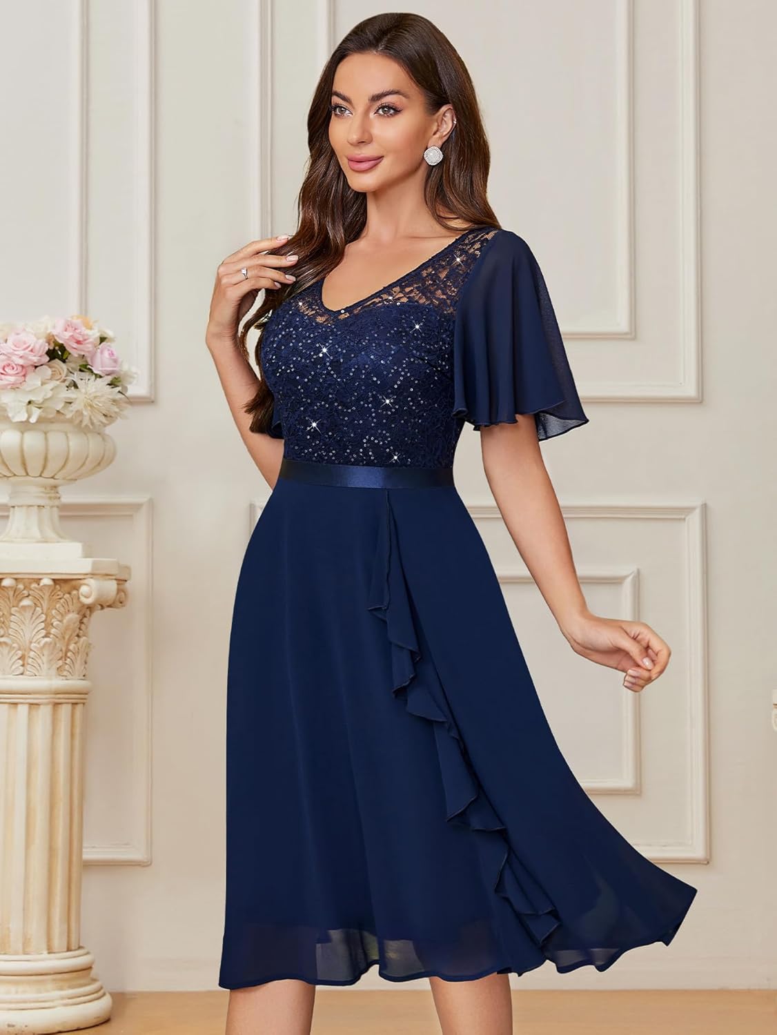 Miusol Women's Sequin Lace V Neck Ruffle Style Cocktail Party Chiffon A-line Dress - Image 3