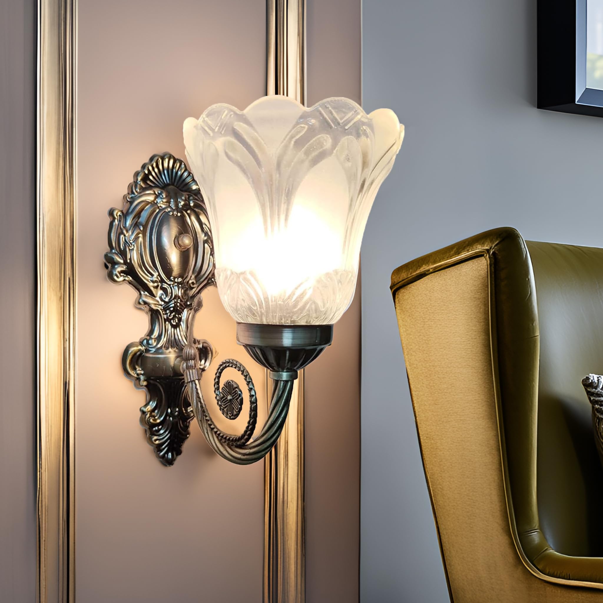 SINOMAN Wall Lamp with Glass Shade Modern Home Lighting Decorative Antique Black Finish Indoor Up- Down Wall Light Fixture for Living Room, Bedroom, Hallway, Shops, Malls (Single) (Without Bulb)