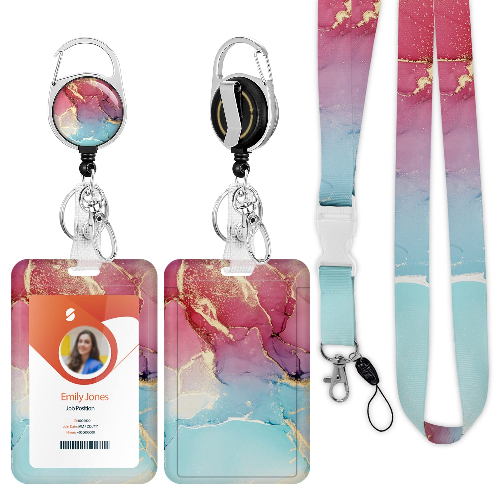 ID Badge Holder with Lanyard,Retractable ID Badge Card Holders Detachable Neck Lanyard Strap with Badge Reel and Vertical ID Holder for Nurse Students Teachers Office Staff(Marble Cyan Red Golden)