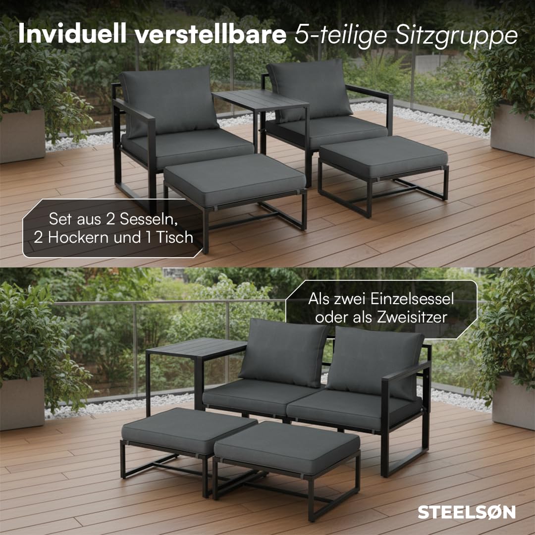 STEELSØN Asteri Sitzgruppe 5-teilig – Gartenmöbel Set mit 2 Sessel, 2 Hocker, 1 Tisch – Balkonlounge Metallgestell Schwarz – inkl. Sitzpolster anthrazit – Terrassenlounge für 2-4 Personen – wetterfest