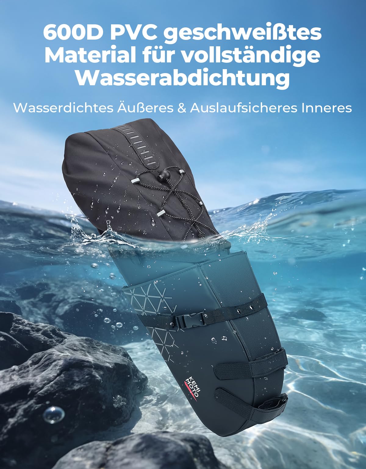 KEMIMOTO Satteltasche Fahrrad Wasserdicht 13L, Bikepacking Tasche mit herausnehmbarem Innensack, 2-in-1 Design & Formstabil für Gravel Bike, Rennrad, MTB & E-Bike – Schwarz