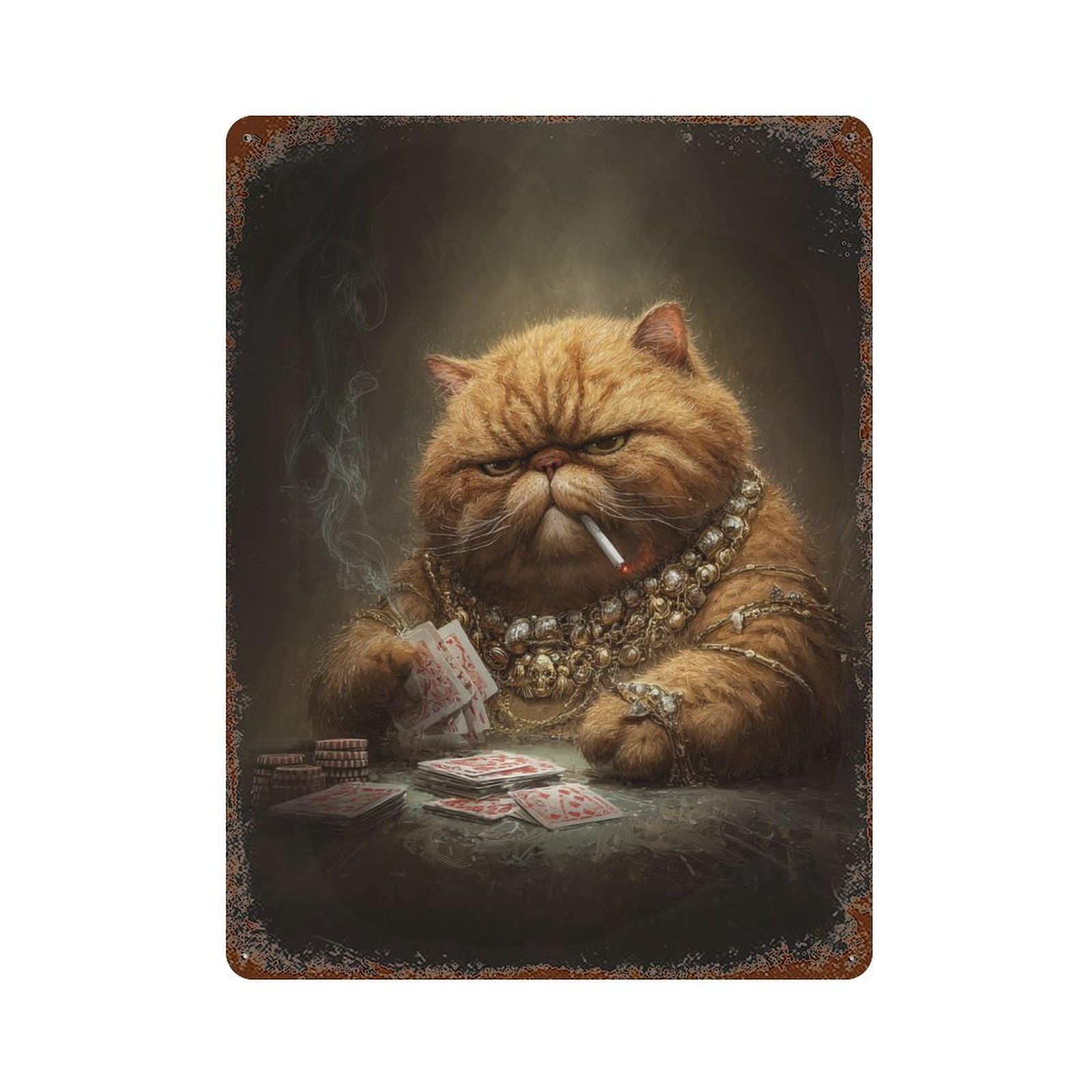 Chill Cat Playing Poker Aged Metal Wall Plaque 15.7"x11.8", Industrial Home Decor for Garage, Pub Or Kitchen
