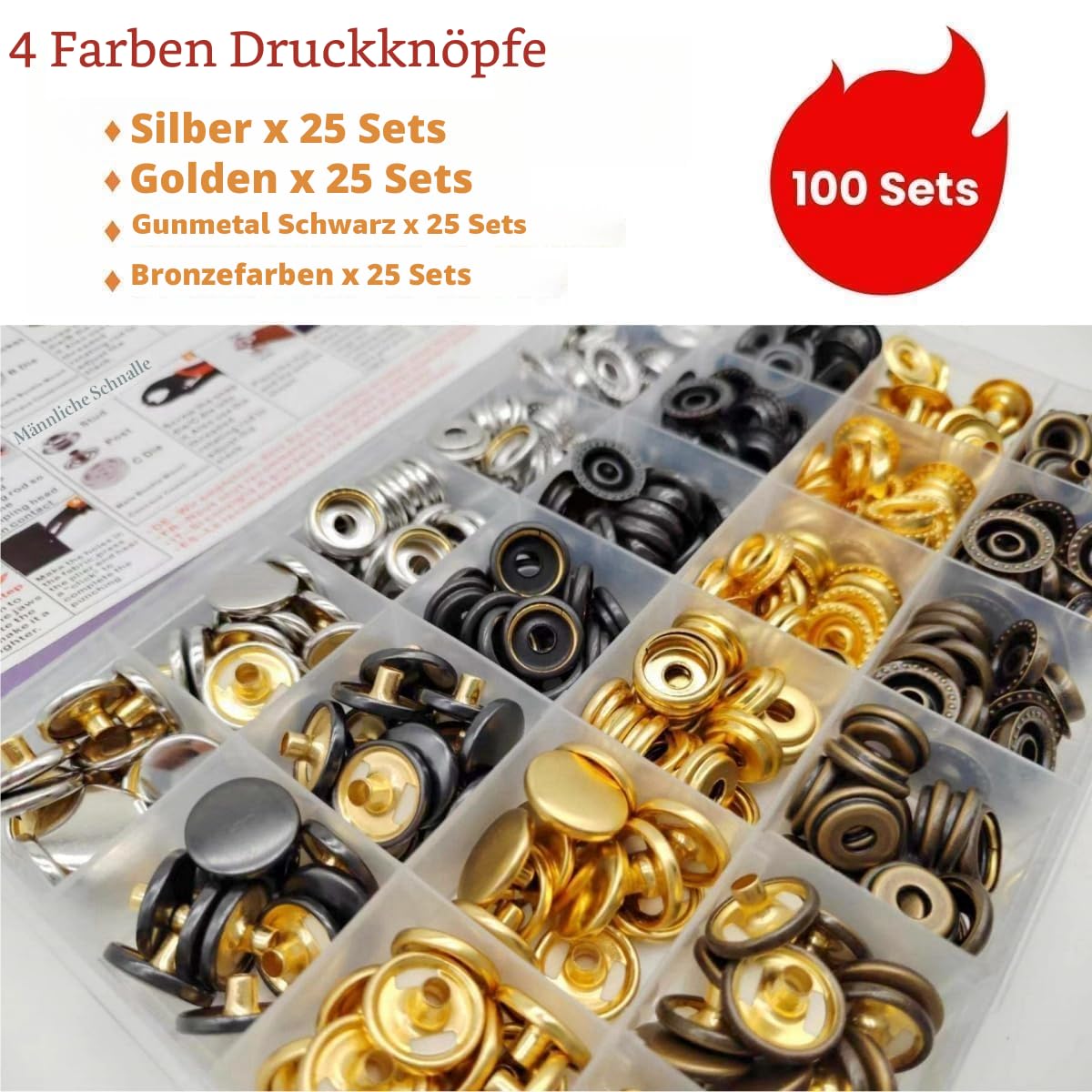 SUNAROC Druckknöpfe, 15 mm, Metall, für Kleidung, Leder, Bootsabdeckung, Stoff, 100 Sets