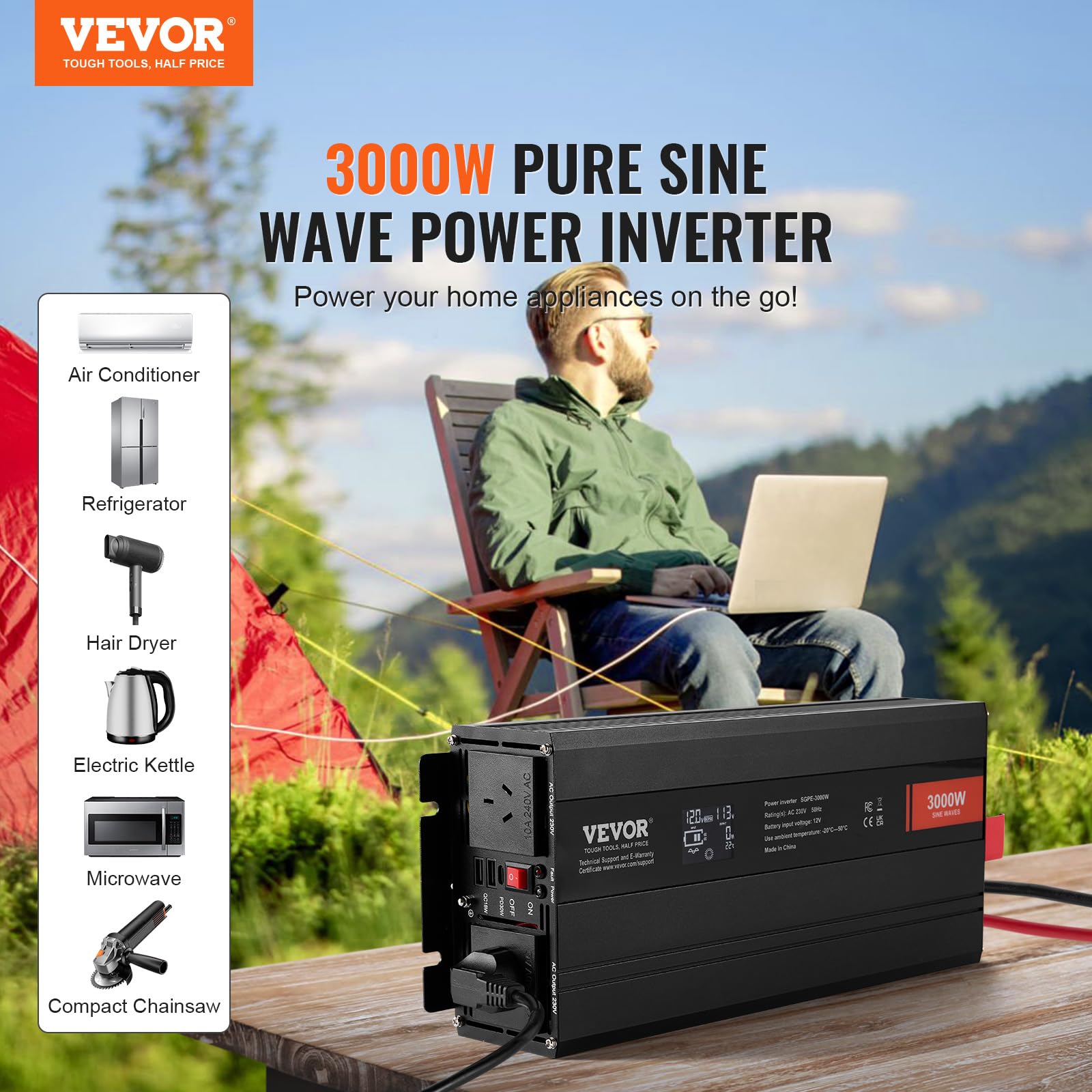 VEVOR Convertitore di Potenza a Onda Sinusoidale, Convertitore Potenza 3000W CC da 12V a CA 230V Display LCD e Telecomando per Grandi Elettrodomestici, FCC