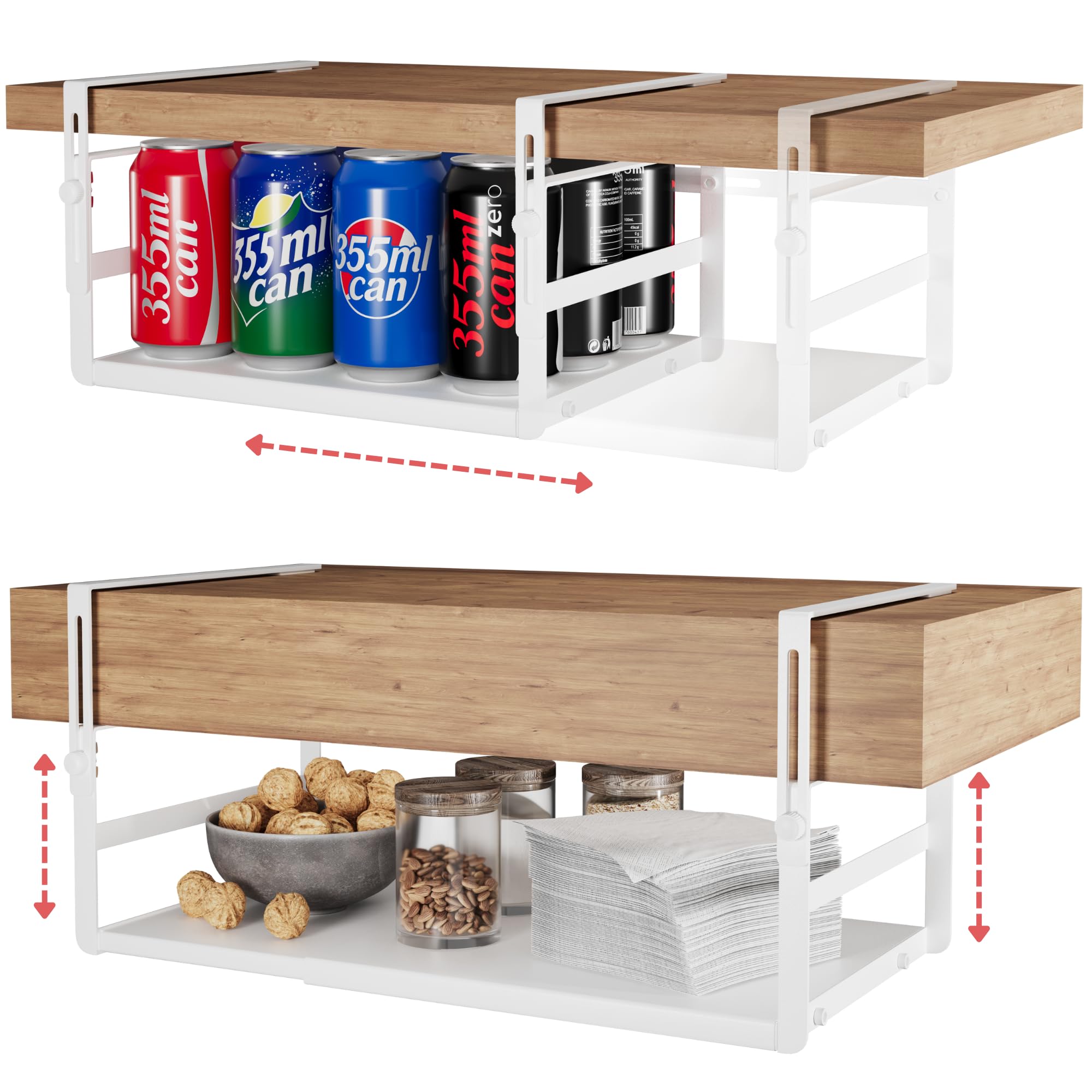 under shelf storage basket organizer expandable - adjustable width height cabinet space saver - clip on metal hanging rack - 30lb capacity kitchen office bathroom declutter solution - 2 pack, white