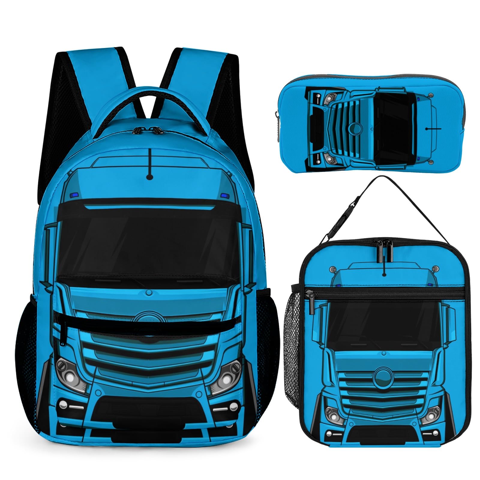ZCJB-WSRY Cool Truck School Backpack with Lunch Box & Pencil Case | 3Pcs Cartoon Car Themed Bookbag, Lightweight, 16’’ Large Capacity, with Zipped