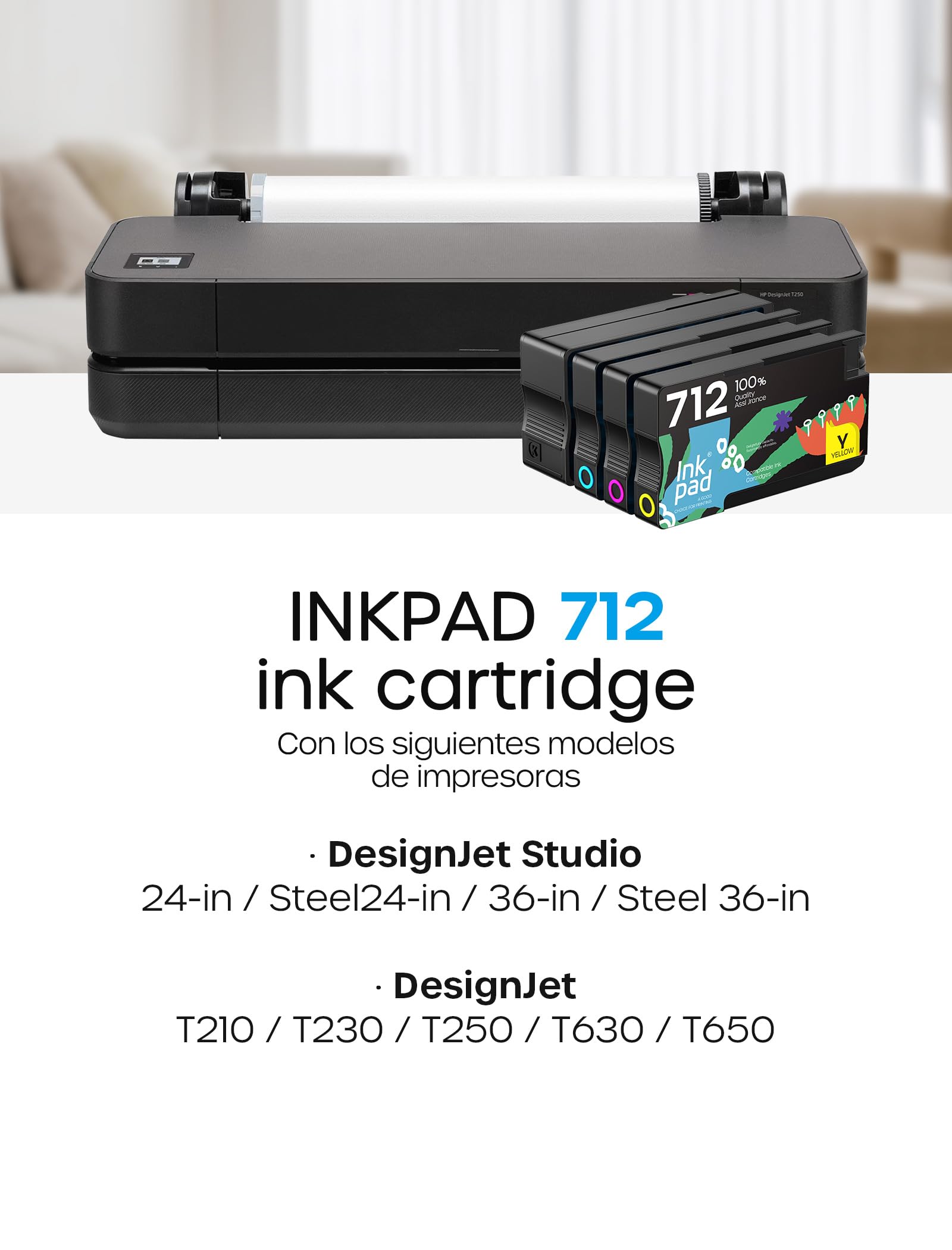 iNKPAD 712XL 712 cartucce d'inchiostro ad alta resa di ricambio per inchiostro HP 712 | Lavora con stampante plotter HP DesignJet T210 T650 T630 T230 Studio Plotter, confezione da 4, 80 ml nero + 29 ml colore
