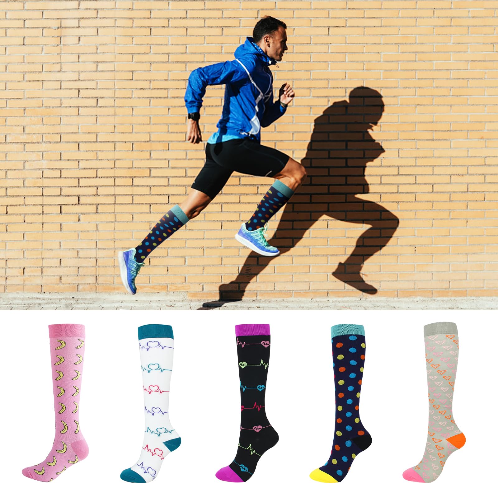 Lot de 5 paires de chaussettes de compression pour homme et femme - Chaussettes de contention sportives colorées - Chaussettes de compression - Respirantes - Pour la course, le cyclisme et les voyages