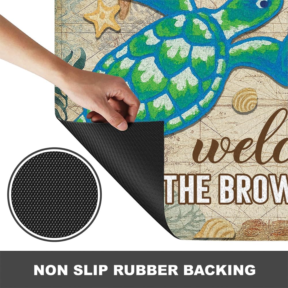 Personalized Sea Turtle Doormat for Beach House – Non-Slip Coastal Entry Rug with Two Turtles and Starfish – Custom Nautical Welcome Mat for Front Door, Bathroom, Porch, or Ocean-Themed Summer Decor
