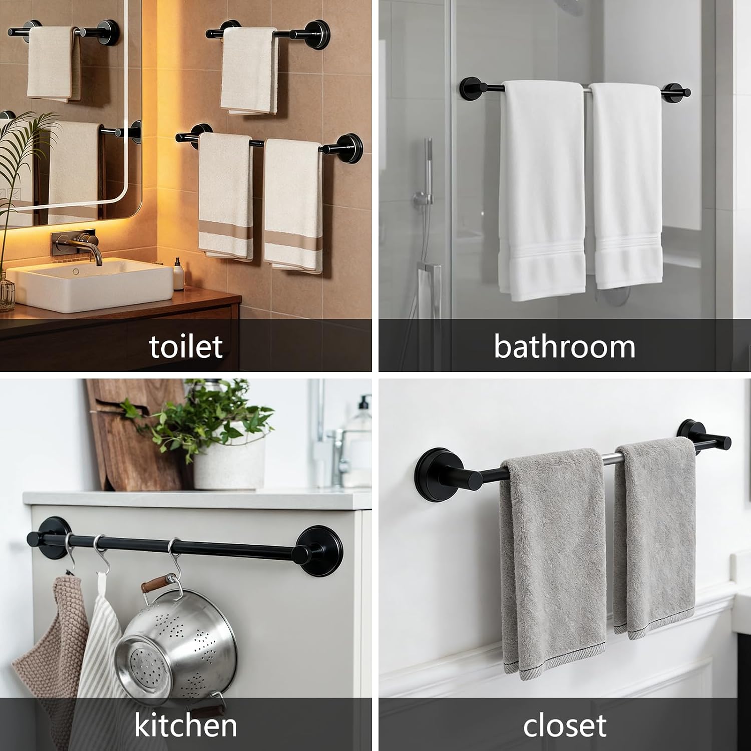 14.6 to 24 Inch Adjustable Towel Bar for Bathroom,Suction Cup Towel Rack for Bathroom Wall,Stainless Steel Wall Mount Hand Towel Holder Rod (Black) image 4