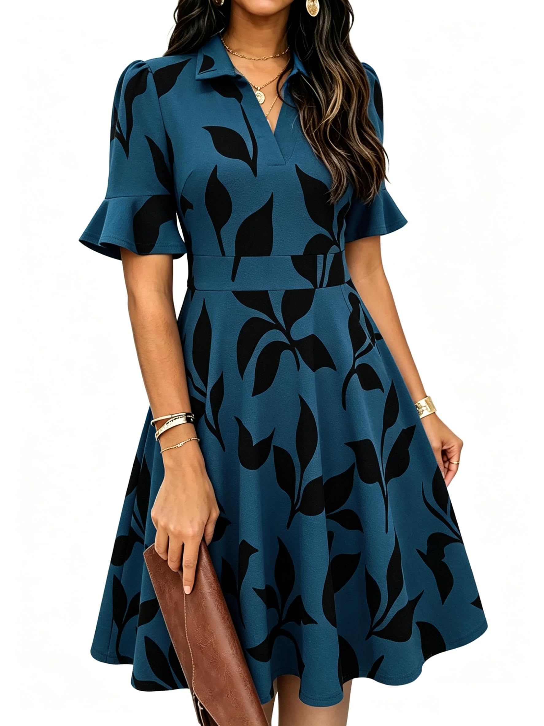 Mokayee Womens Summer Ruffle Sleeve Collared V Neck Fit and Flare Elegant A line Swing Dresses with Pockets