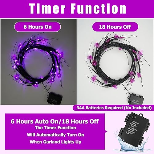 Miniatura 2 de N&T NIETING Guirnalda de decoración de ramitas de sauce de Halloween, 8 modos y temporizador, con murciélagos LED y morado de 6 pies, 54 luces LED