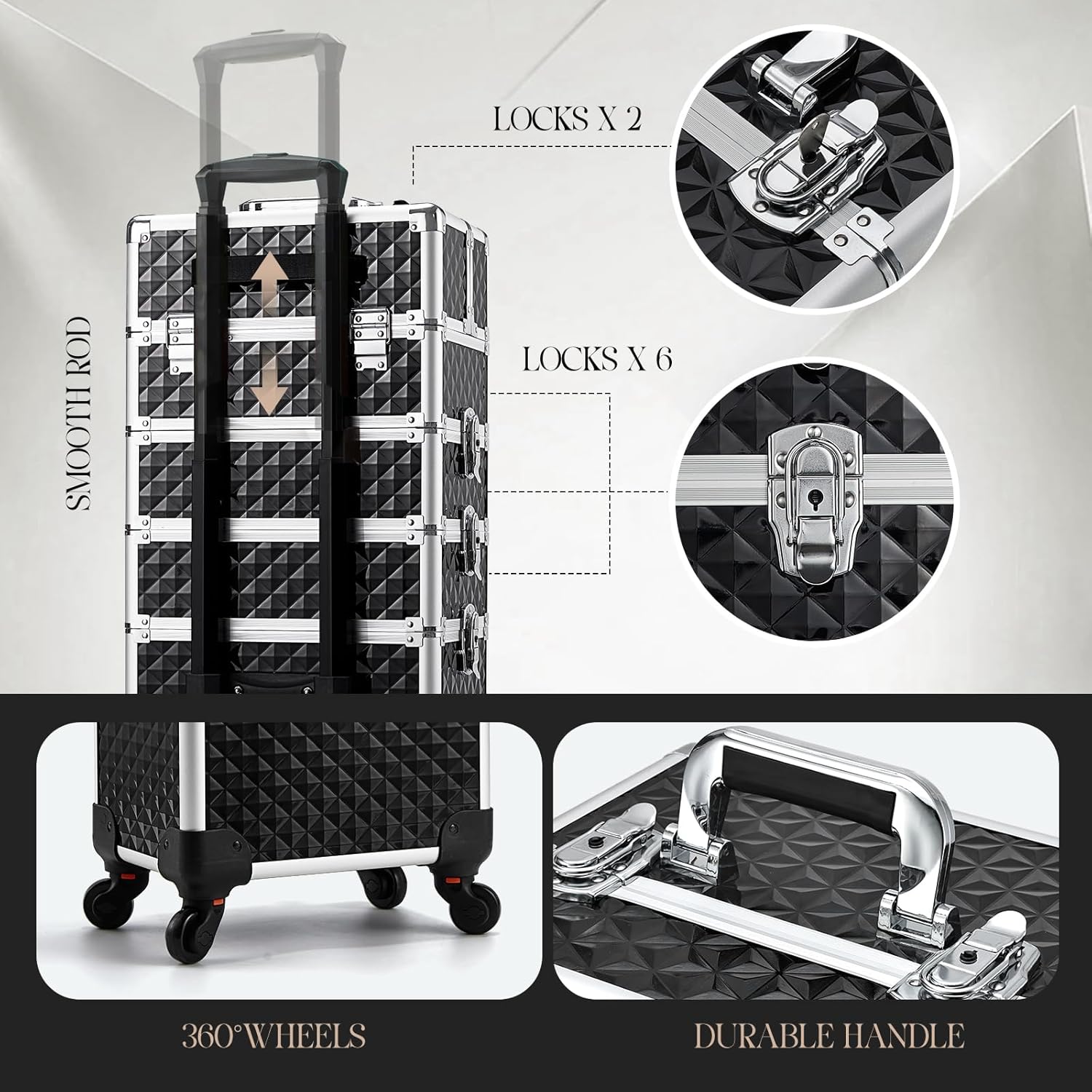 Rolling Makeup Train Case, 4-in-1 Cosmetology Case on Wheels, Nail Tech Cart for Travel, Professional Cosmetic Vanity Case, Suitcase for MUA/Manicure/Tattoo/Style, Lockable Storage Box, Black - Image 7