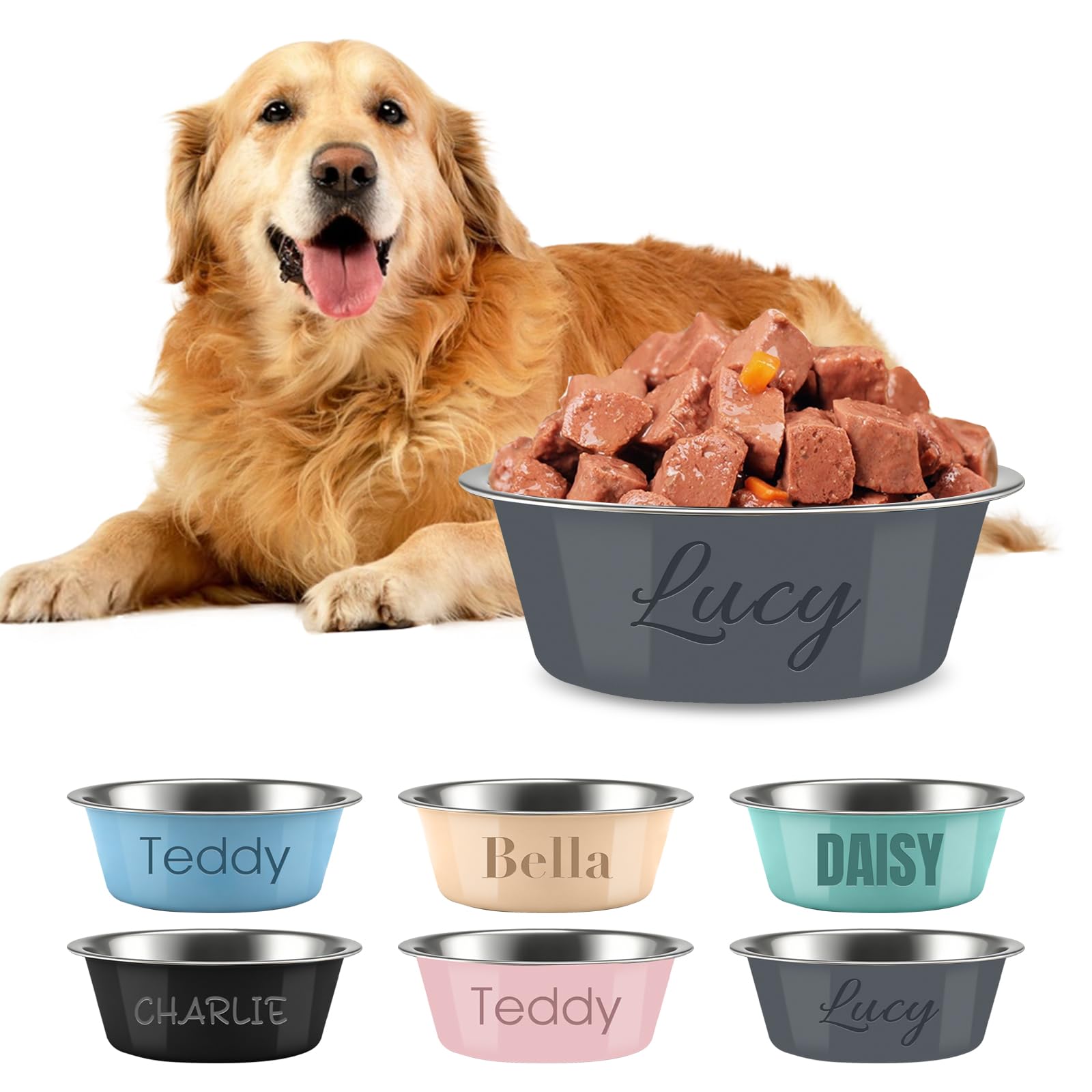 Personalised Stainless Steel Dog Bowls, Customizable Pet Names, Anti-Slip Mats, Printed Pet Bowls, Pet Supplies, Water Dispensers and Food Bowls (Gray)