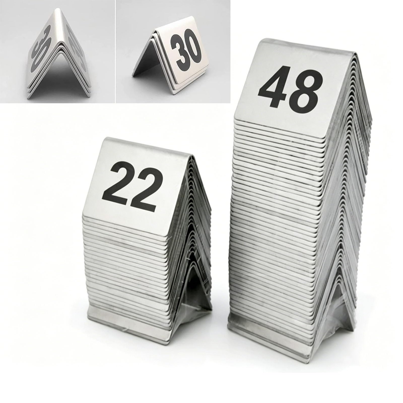 Juego de tarjetas con números de mesa de acero inoxidable, diseño apilable de doble cara, colas en restaurantes e identificación de números de llamada(1-50)