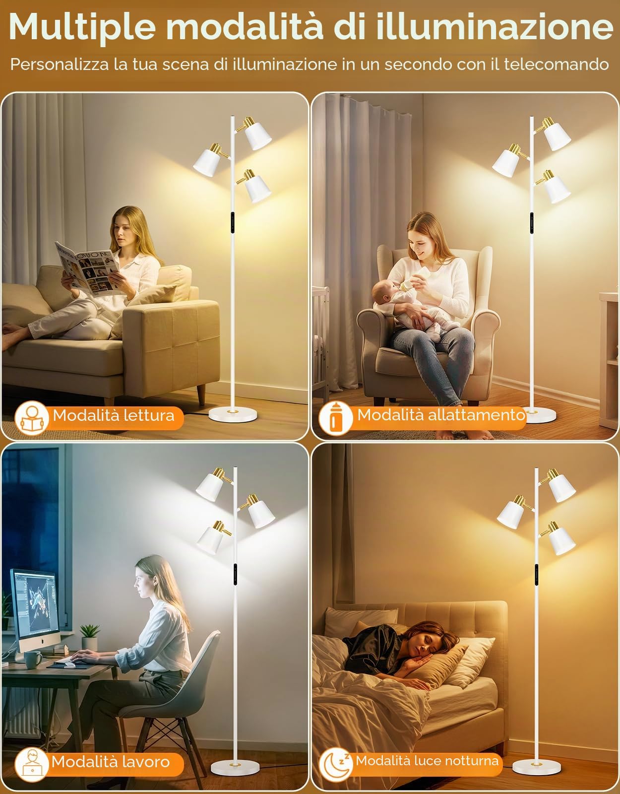 OUTON Lampada da Terra LED Dimmerabile con Telecomando e Controllo, Bianco | Touch, 36W 2700LM, 4 Temperature di Colore, 3 Luci Rotanti, Lampade da Terra moderna per Soggiorno, Camera da Letto, Ufficio