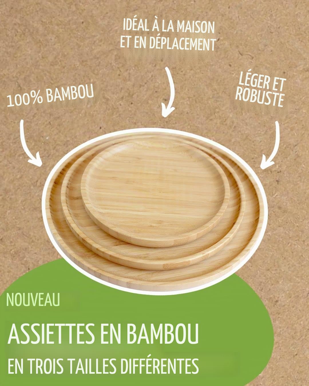 Pandoo Assiettes Réutilisables en Bambou - Set de Vaisselle en Bambou et Bois, Rondes et Plates, pour la Décoration