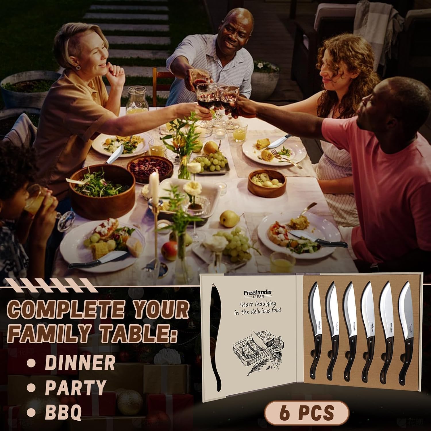 Freelander Handmade Forged Steak Knives Set of 6, Serrated Cutters for Meat Cutting, Stainless Steel Steak Knife Set Blades with Wooden Handles, Elegant & Aesthetic Design