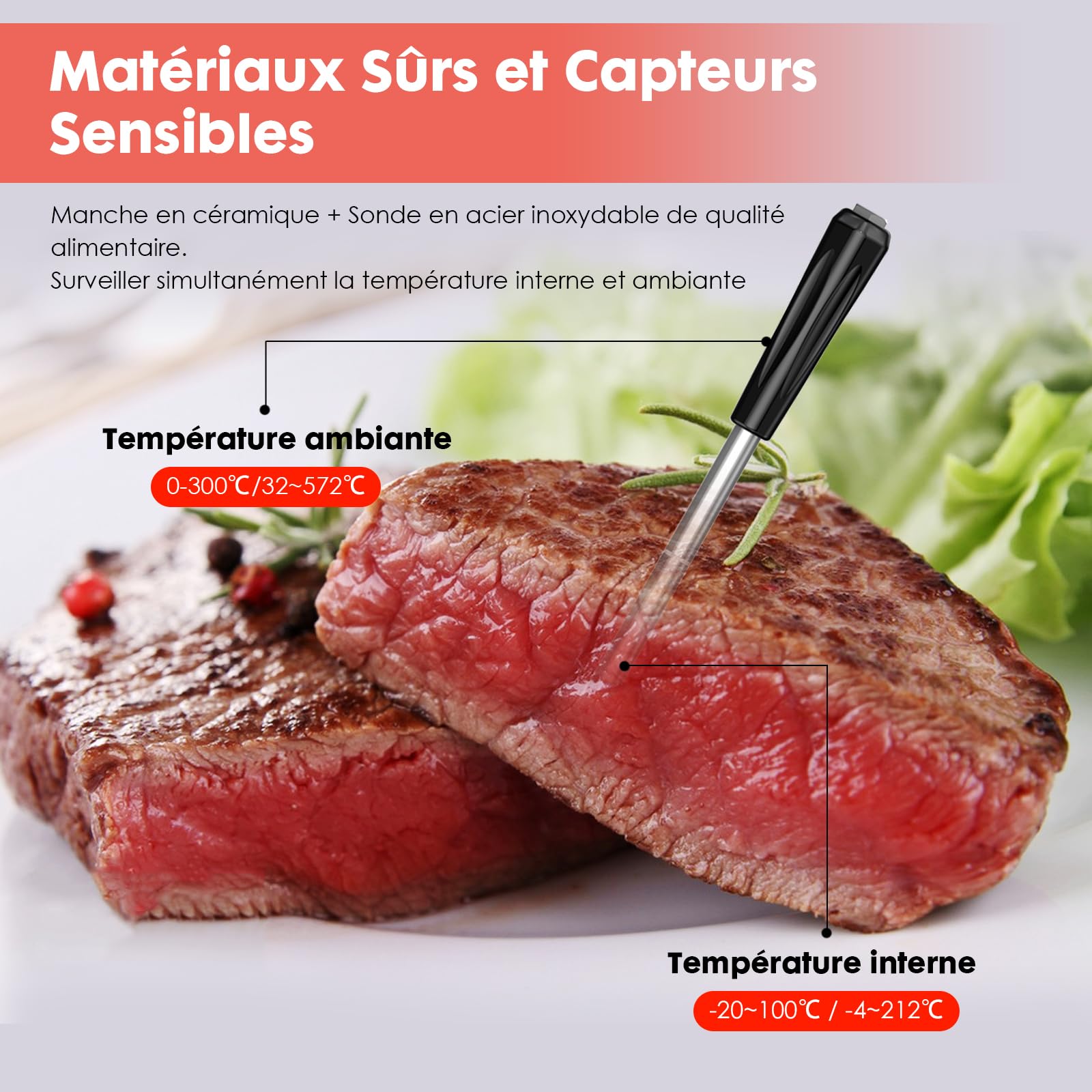TKMARS Thermometre Cuisine Bluetooth Barbecue Professionnel Sonde Temperature Cuisine Sans Fil Smartphone Application de Surveillance Longue Portée 100M Thermomètre à Viande pour Four Electrique Grill