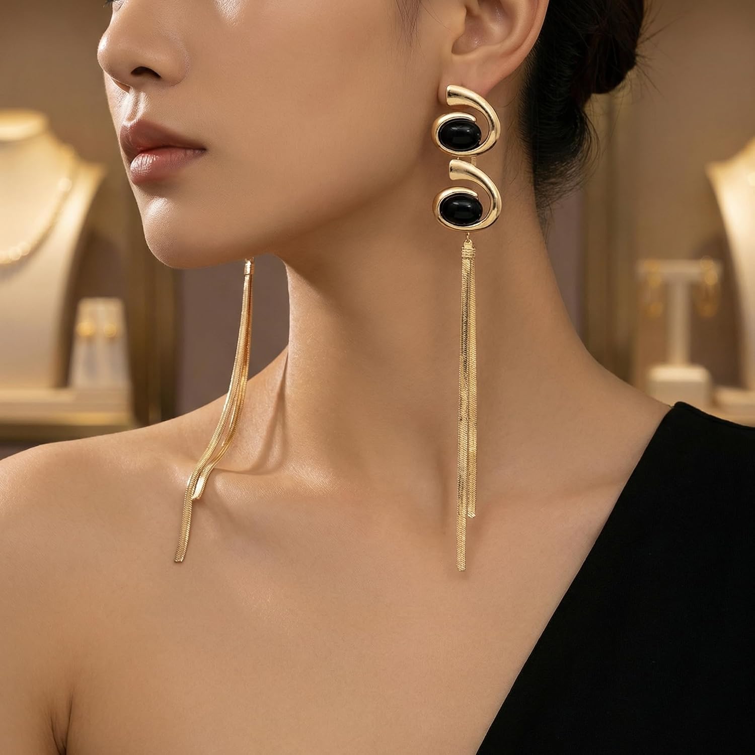 Gold Tassel Earrings with Black Accent – Statement Drop Earrings for Women, Fashion Geometric Design, Lightweight and Elegant Dangle Earrings for Party, Wedding, Everyday Wear - Image 4