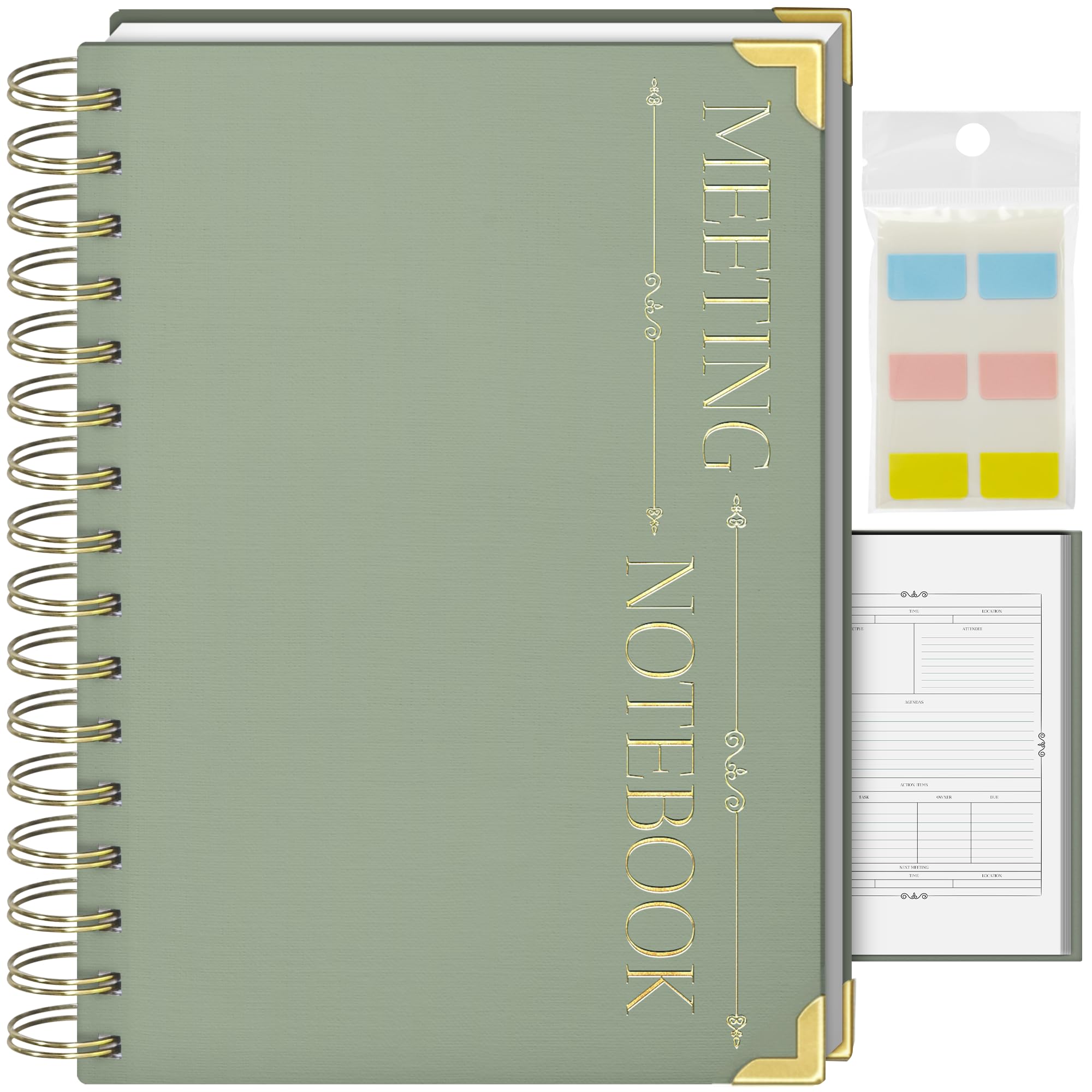 Quaderno per riunioni, include due evidenziatori, giallo, verde per prendere appunti più facili, quaderno per riunioni, include anche linguette adesive, blocco note per lavoro, + 100 pagine [formato