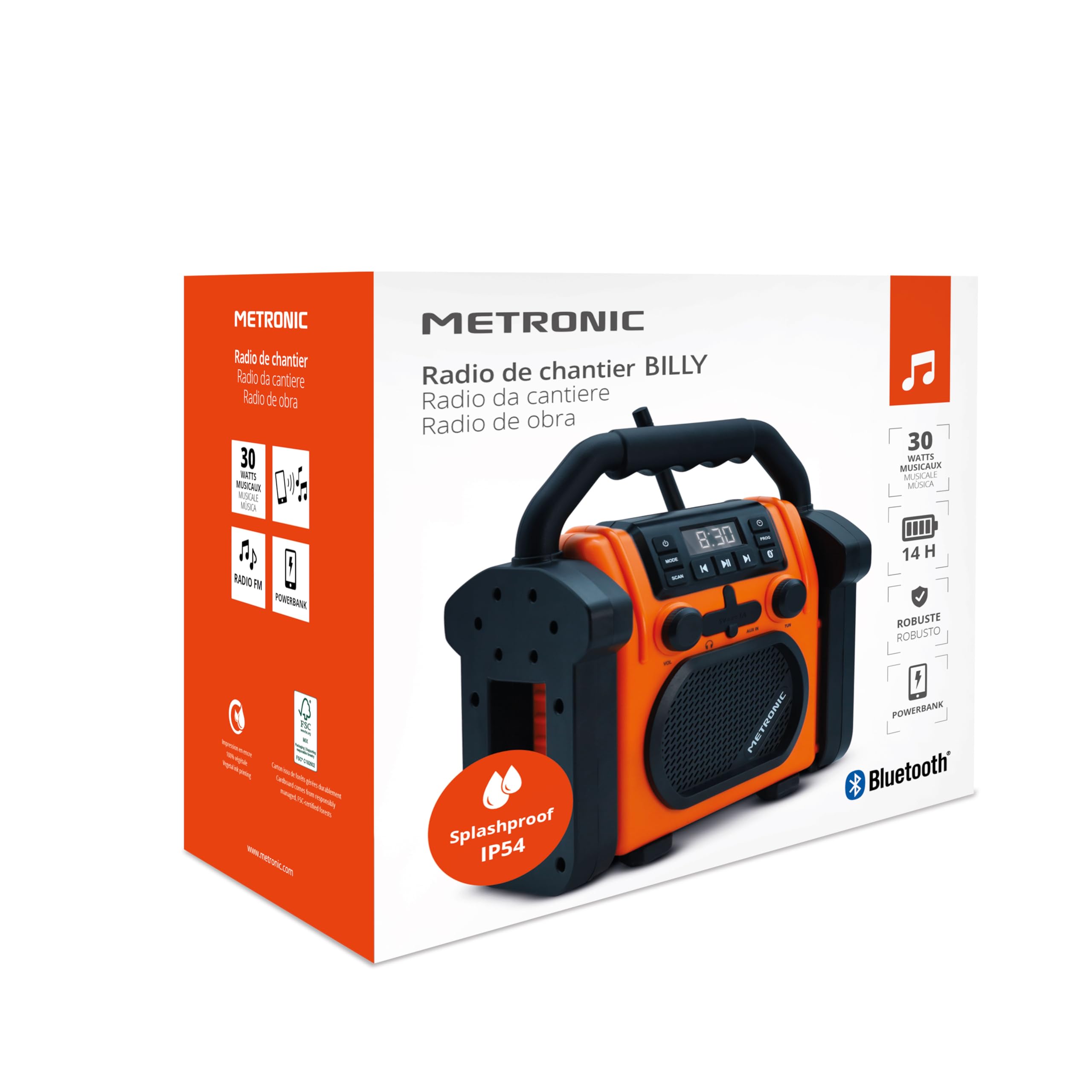 METRONIC 477227 Radio de Chantier FM Bluetooth avec Batterie Rechargeable de Secours - Robuste Résistante aux Chocs, à la poussières, aux éclaboussures - Orange