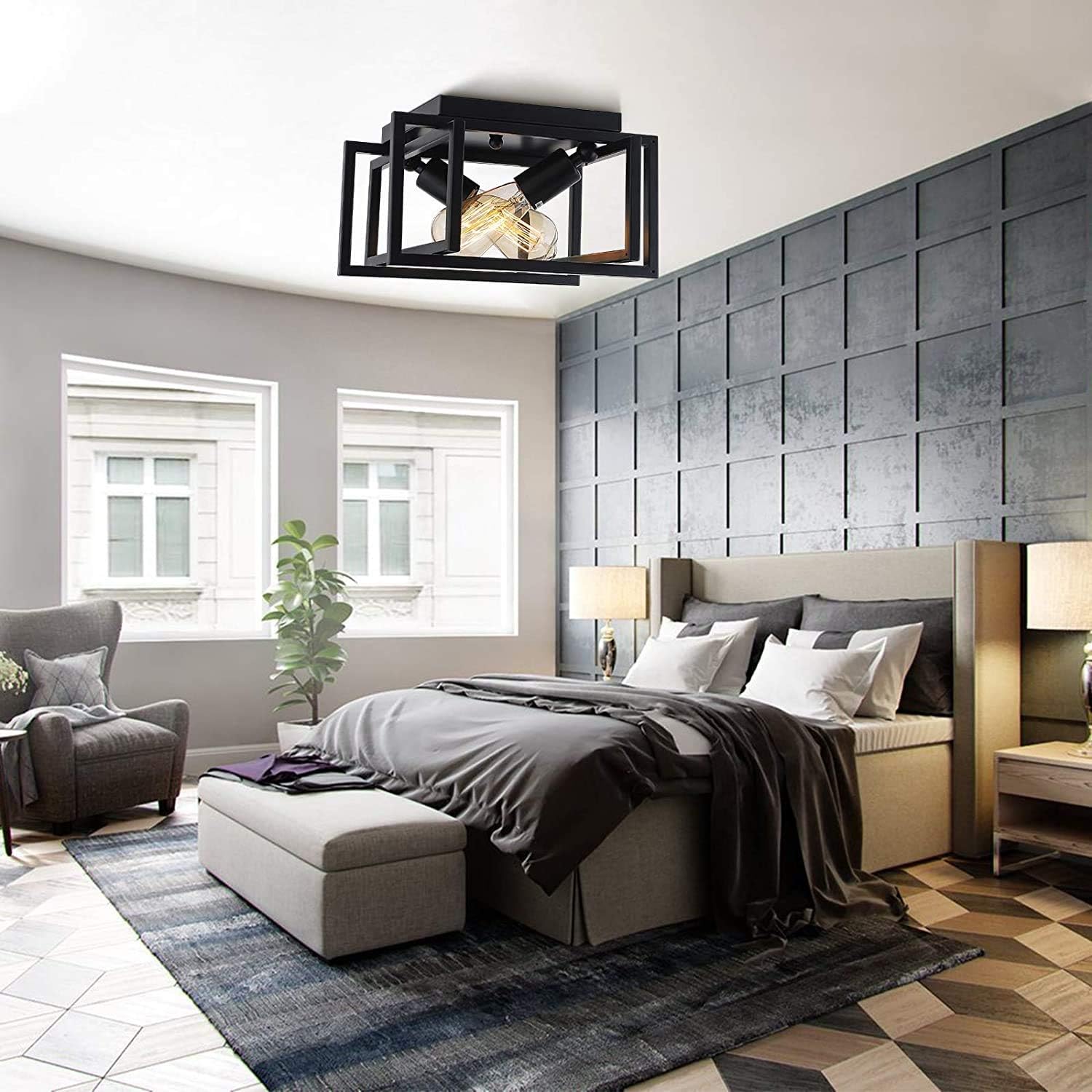 Black Friday Sale 2022 Linsly Farmhouse Flush Mount Ceiling Light Fixture, 2-Lights Black Ceiling Light Square Close to Ceiling Light for Hallway, Entryway, Foyer, Bedroom