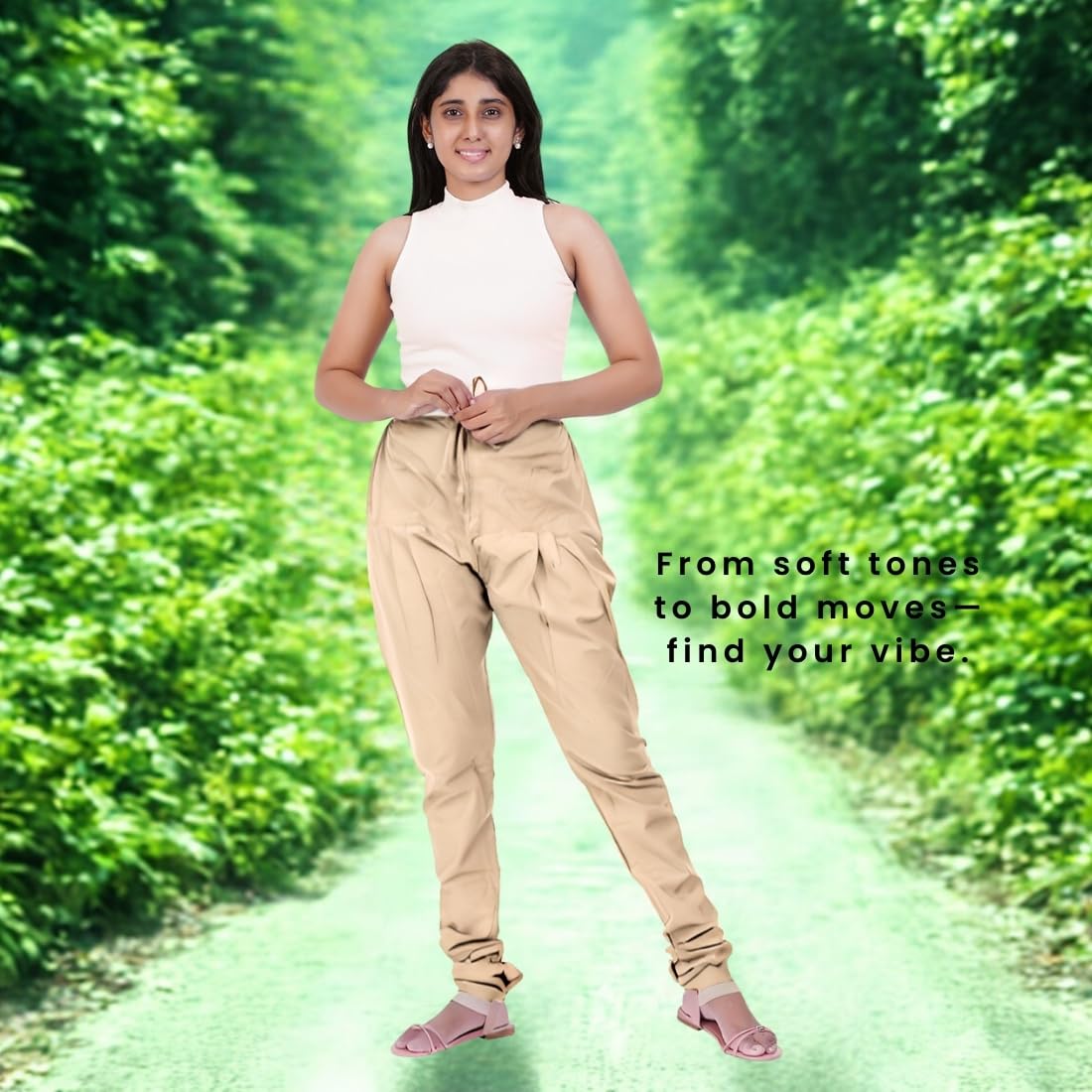 Happy Bunny Women’s Cotton Gathering Churidar Pants - Ethnic Gathereing Ankle, Drawstring Waist Bottoms for Kurtas, Office, Party, Casual Clothing (XL, Skin) - Image 7 thumbnail