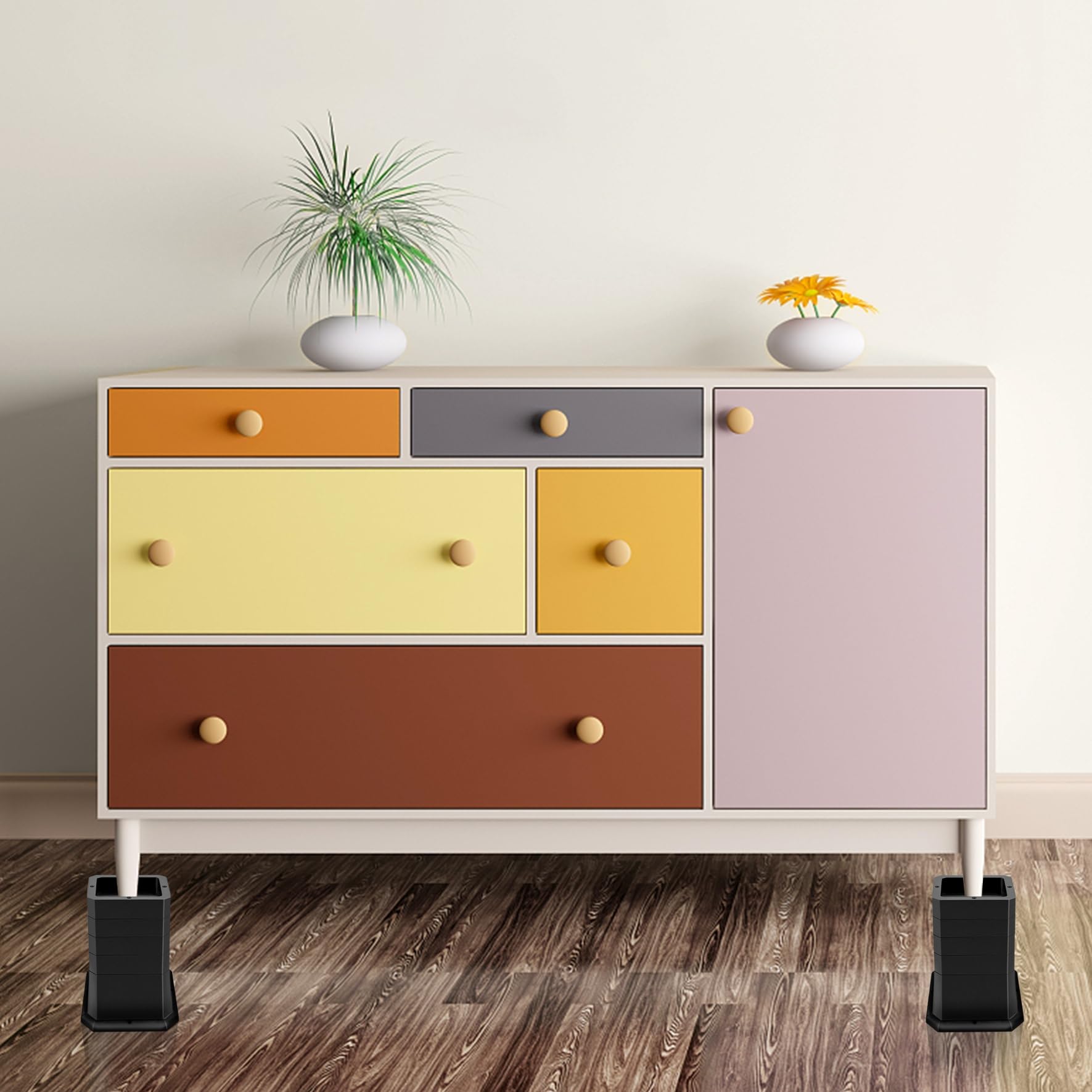 Rialzi per letto da 5, 7, 10, 12 o 15 cm, impilabili, regolabili, antiscivolo, per divani, tavoli, set da 4, colore nero